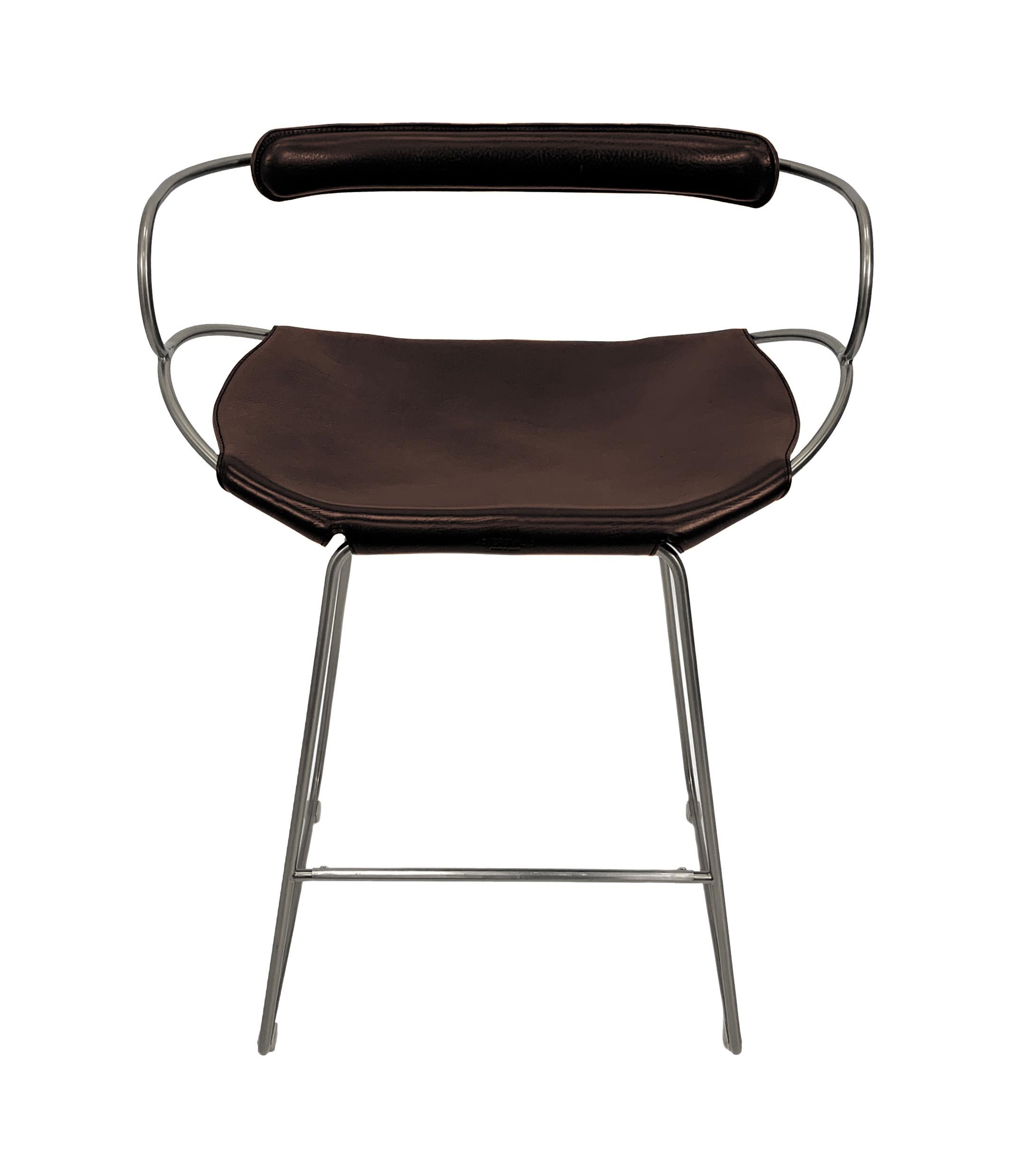 Taburete de barra de cocina c. Respaldo Metal Plata Viejo y Cuero Marrón Oscuro