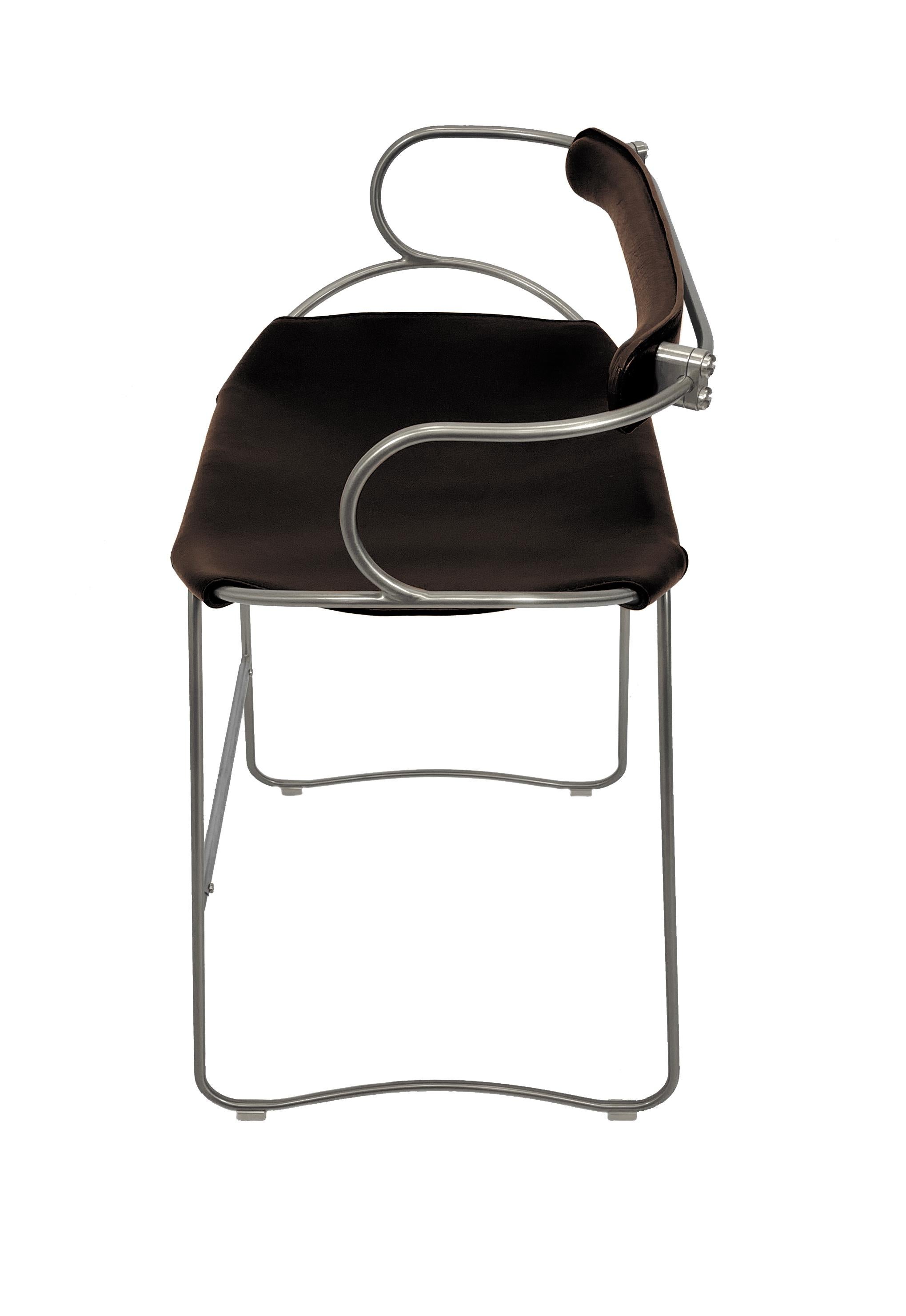 Spanish Kitchen Counter Barstool w. Backrest Old Silver Metal & Dark Brown Leather For Sale