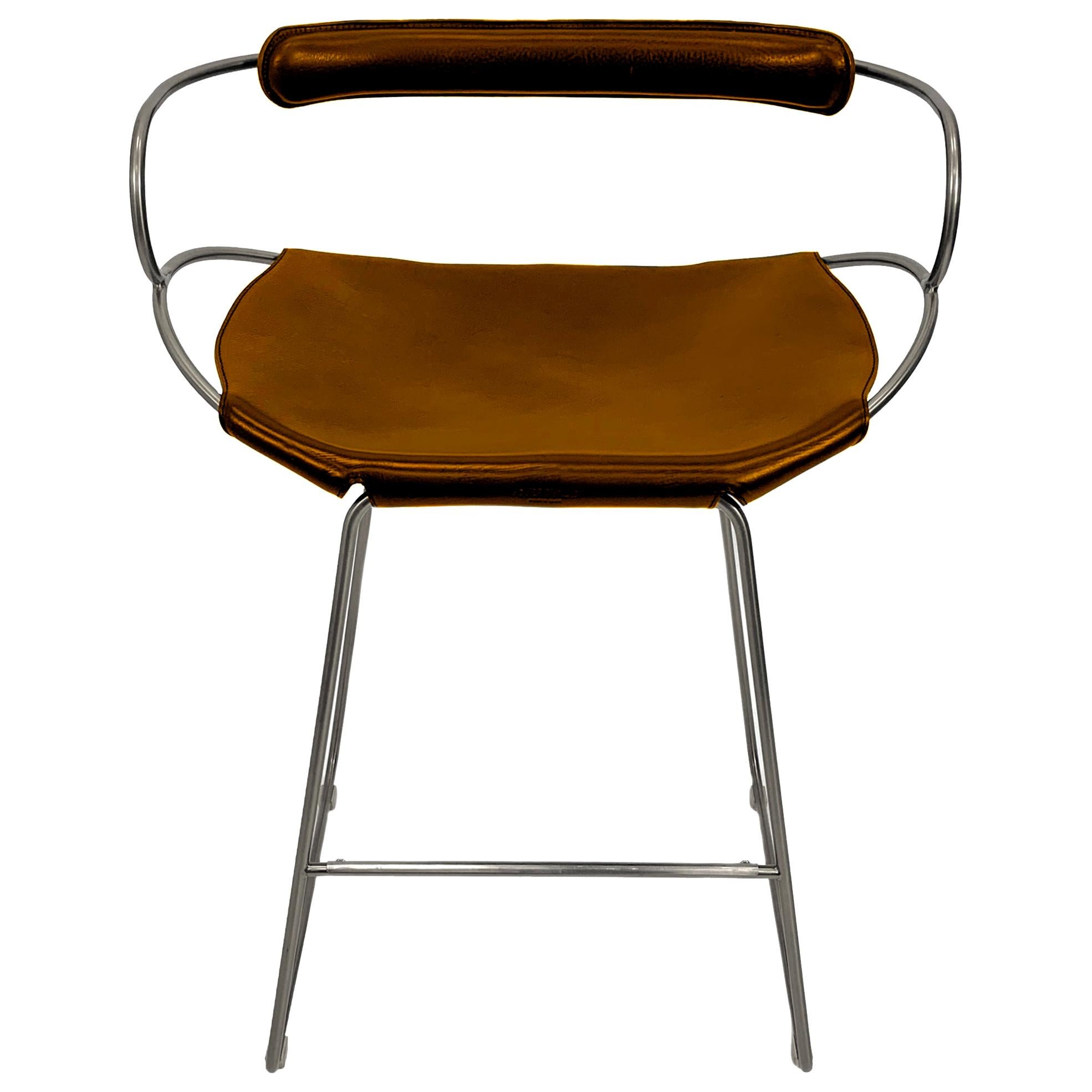 Taburete de barra de cocina con. Respaldo Metal Plata Viejo y Cuero Marrón Oscuro
