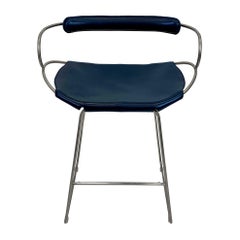 Kitchen Counter Barstool with Backrest Old Silver Metal and Navy Blue Leather