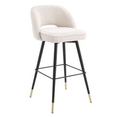 Counter Swivel Bar Stool in Bouclé Fabric Black Metal Feet and Brass Finishes