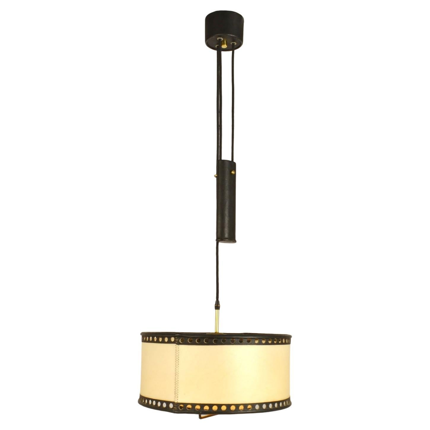 Counterbalance Pendant Lamp 1960's in Parchment and Black Leather en vente