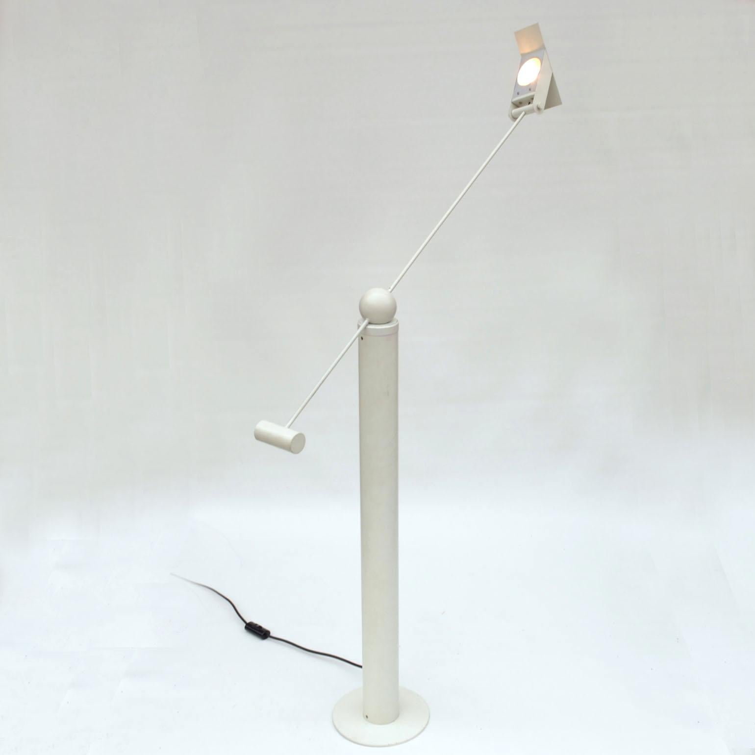 Metal Counterbalance White Floor Lamp Attributed to Swiss Baltensweiler For Sale