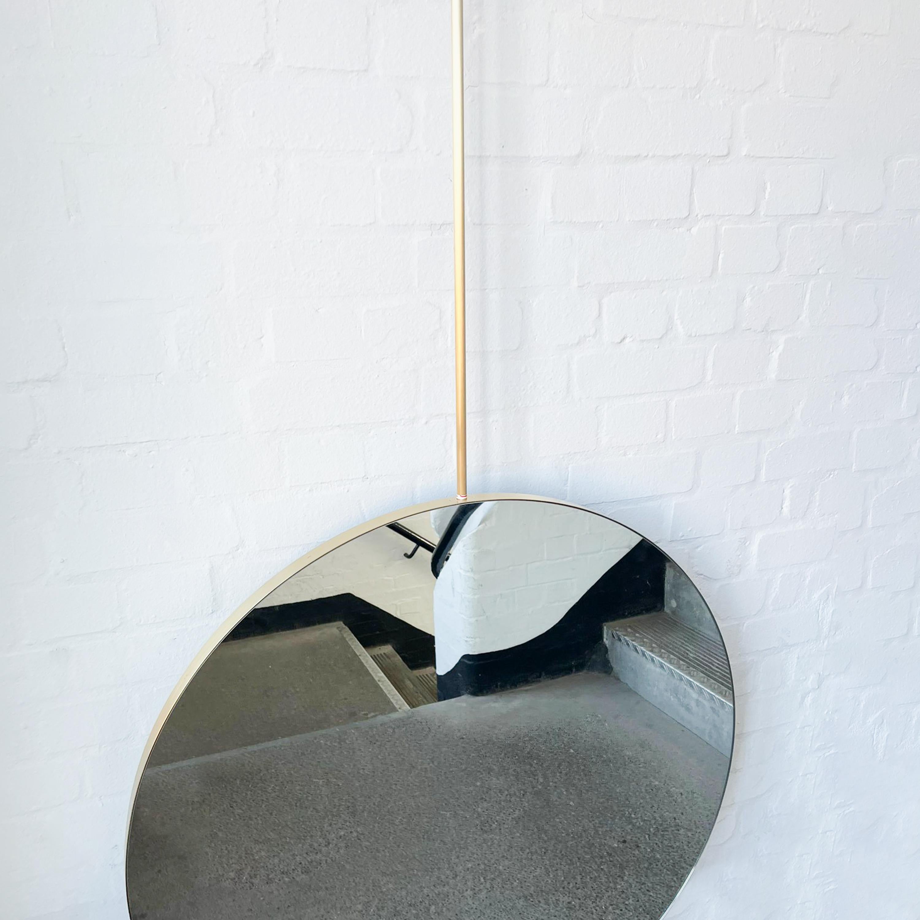 British Countertop to Ceiling Fitted Orbis Round Mirror with Brass Frame For Sale