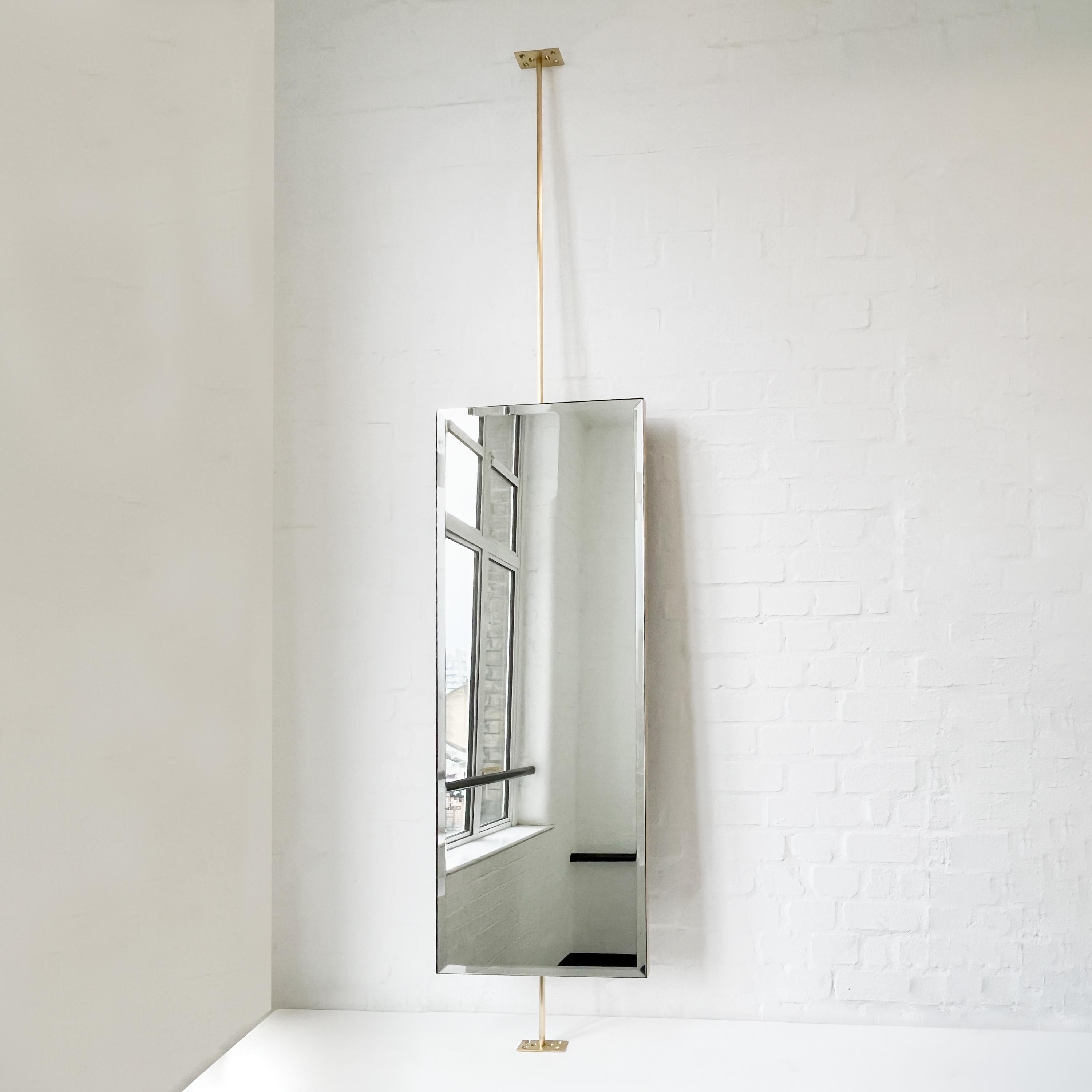 British Countertop to Ceiling Fitted Quadris Rectangular Beveled Mirror, Brass Frame For Sale