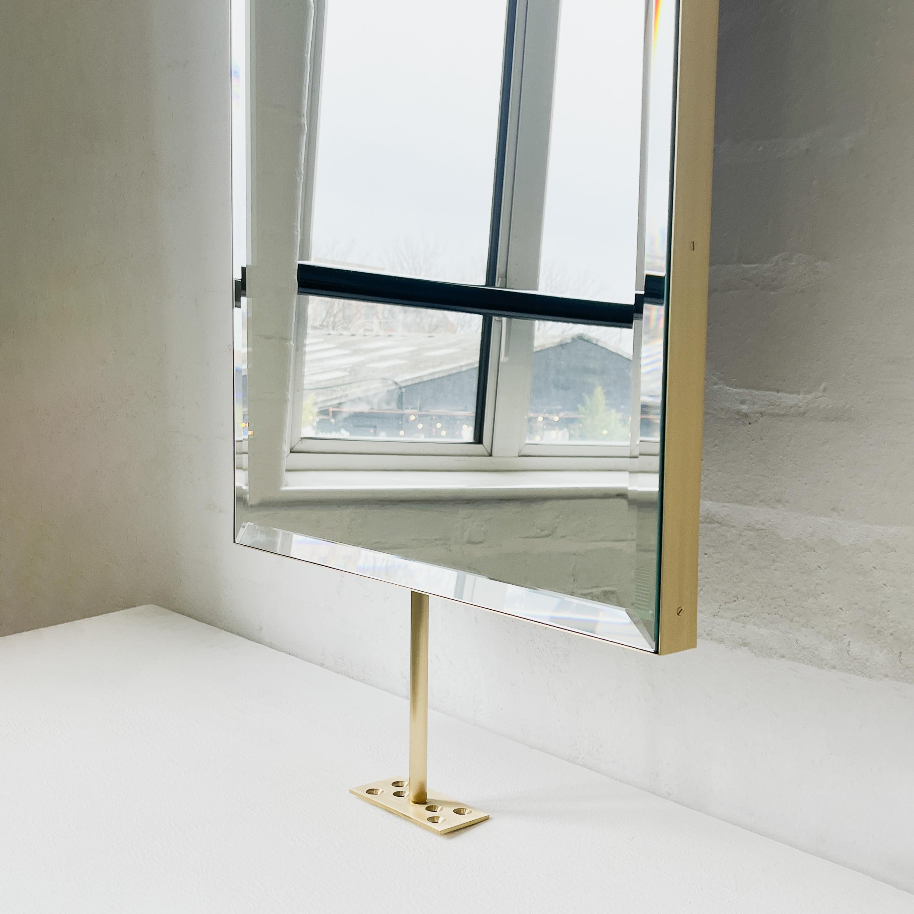 Brushed Countertop to Ceiling Fitted Quadris Rectangular Beveled Mirror, Brass Frame For Sale