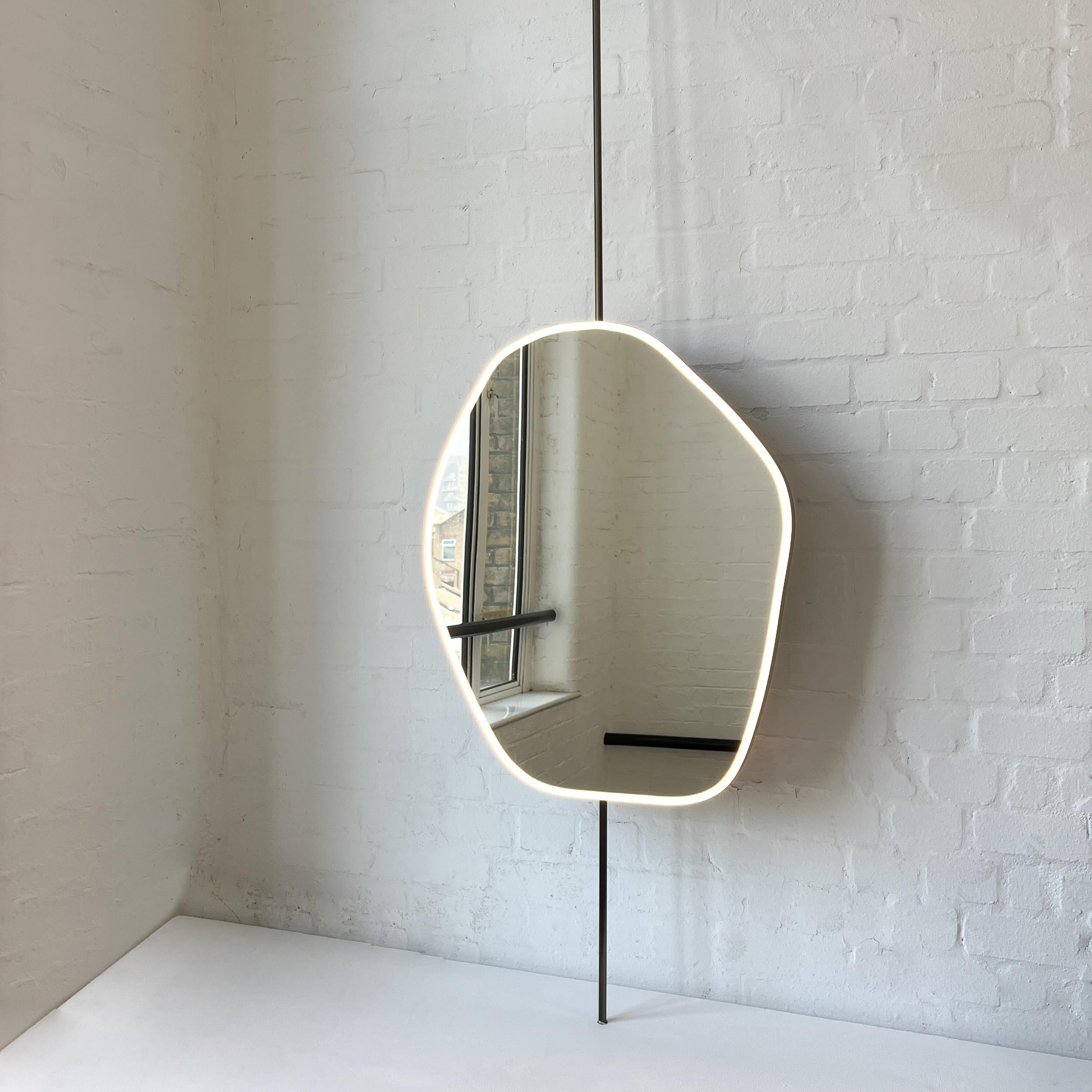 British Countertop to Ceiling Freeform Illuminated Mirror with Bronze Patina Brass Frame For Sale