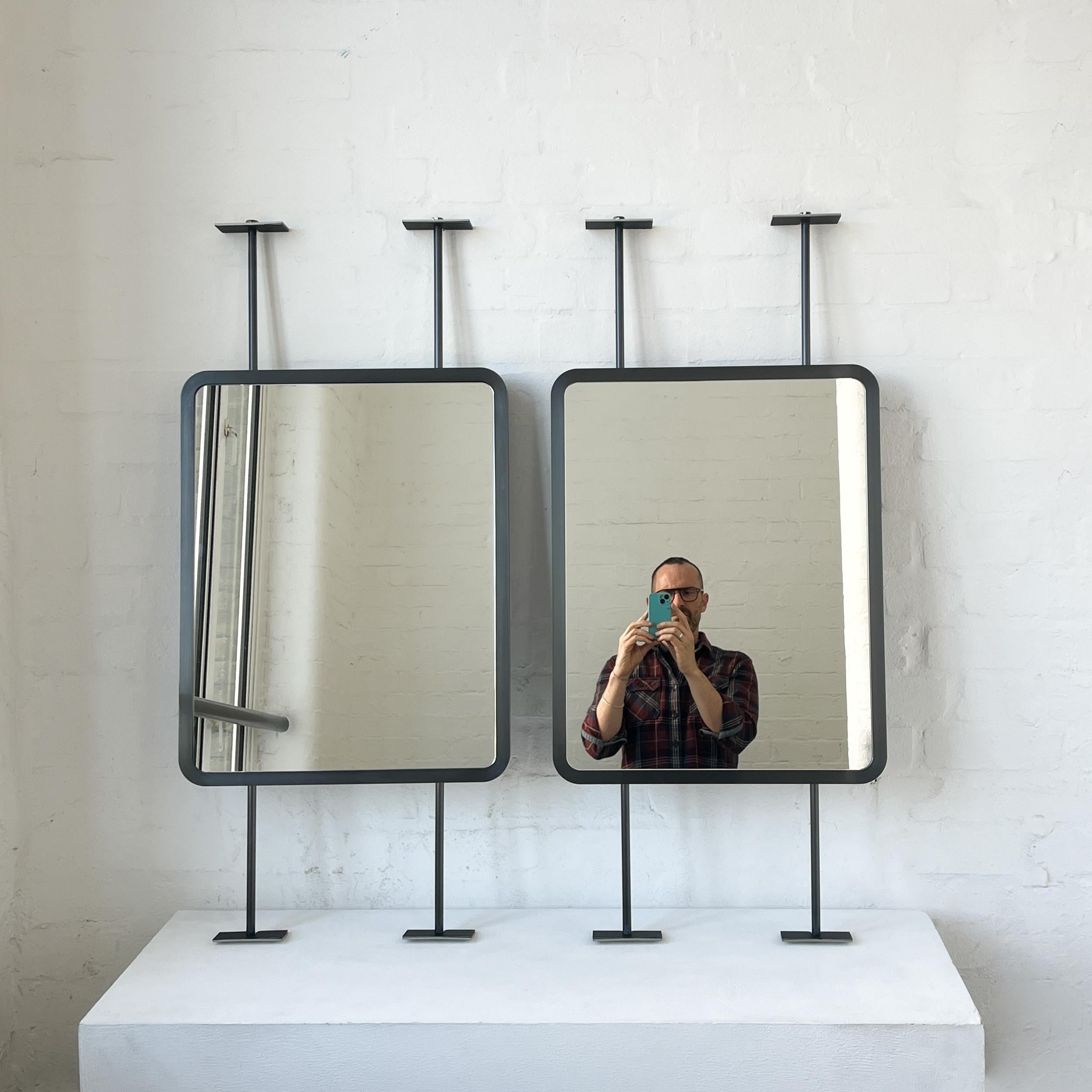 Modern Countertop to Ceiling Rectangular Mirror, Blackened Stainless Steel Frame For Sale