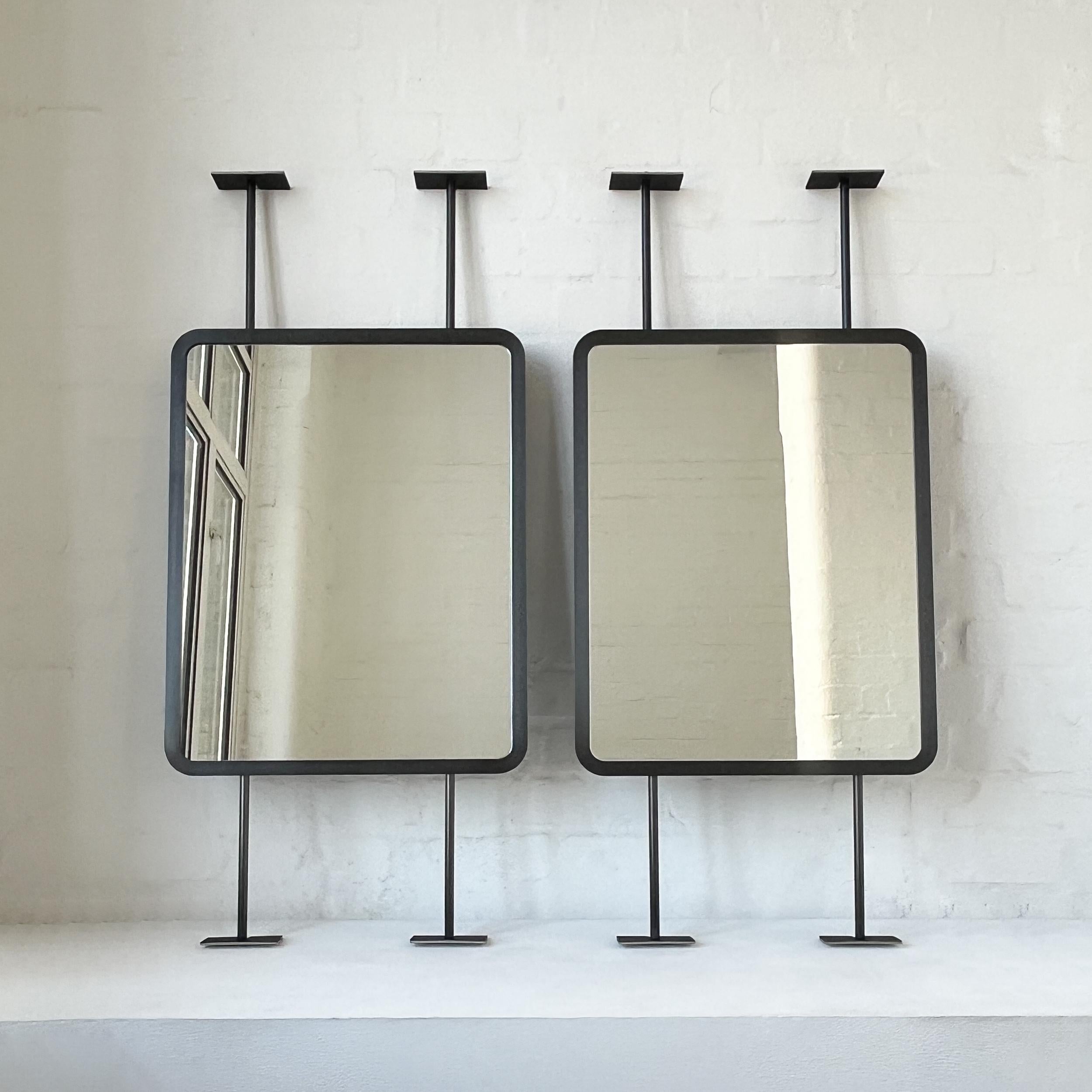 Contemporary Countertop to Ceiling Rectangular Mirror, Blackened Stainless Steel Frame For Sale