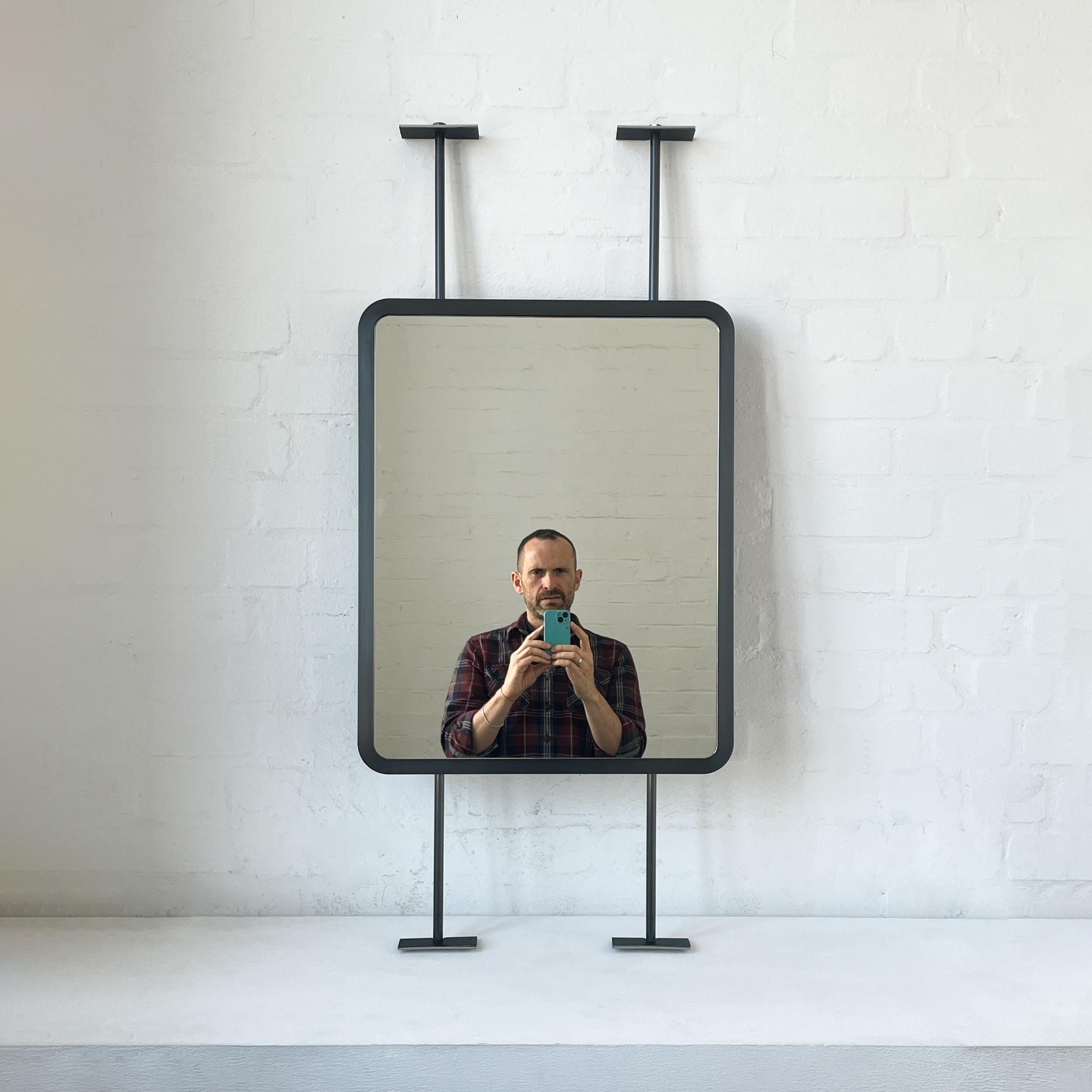Modern Countertop to Ceiling Rectangular Mirror with Blackened Stainless Steel Frame For Sale