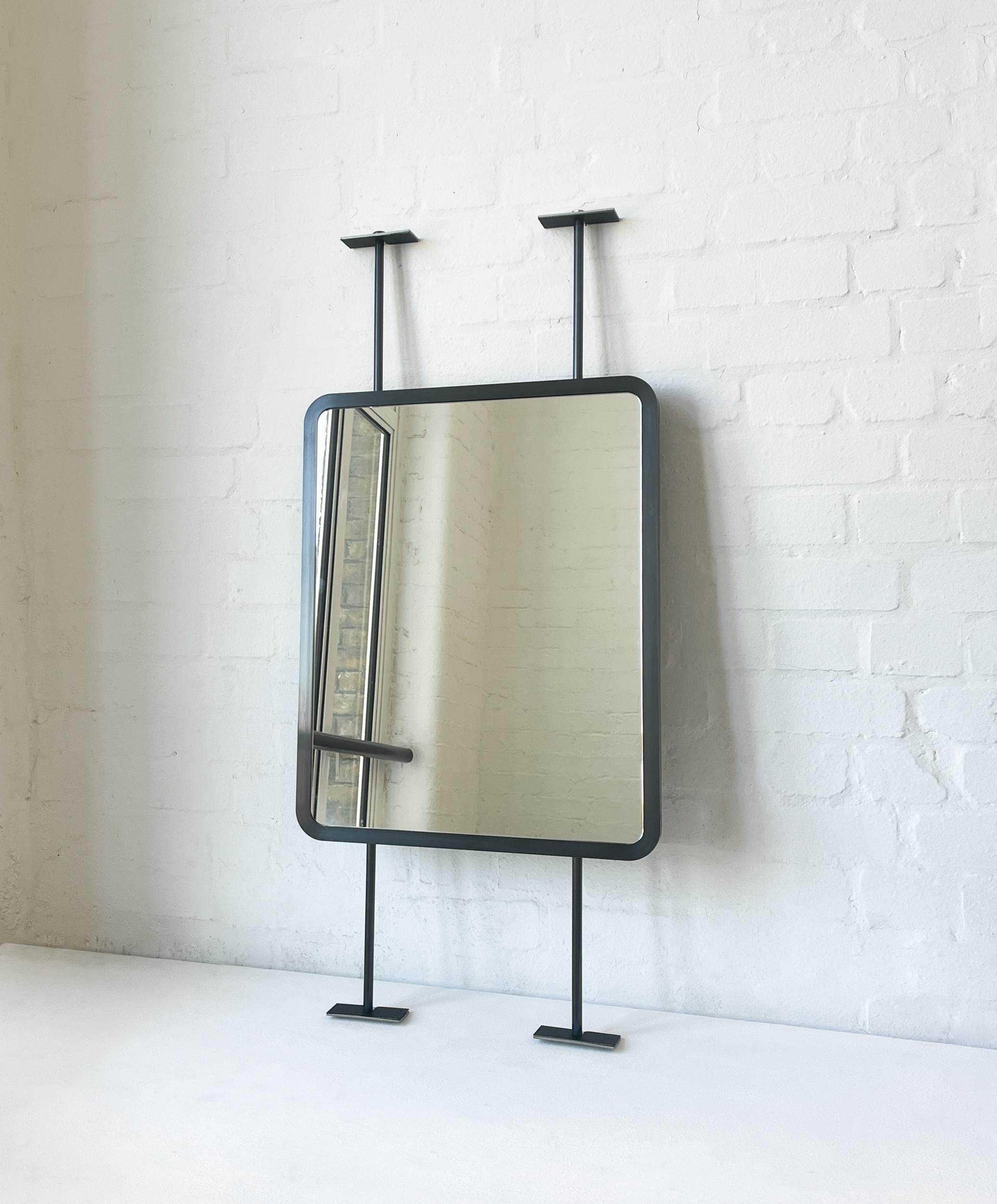 British Countertop to Ceiling Rectangular Mirror with Blackened Stainless Steel Frame For Sale