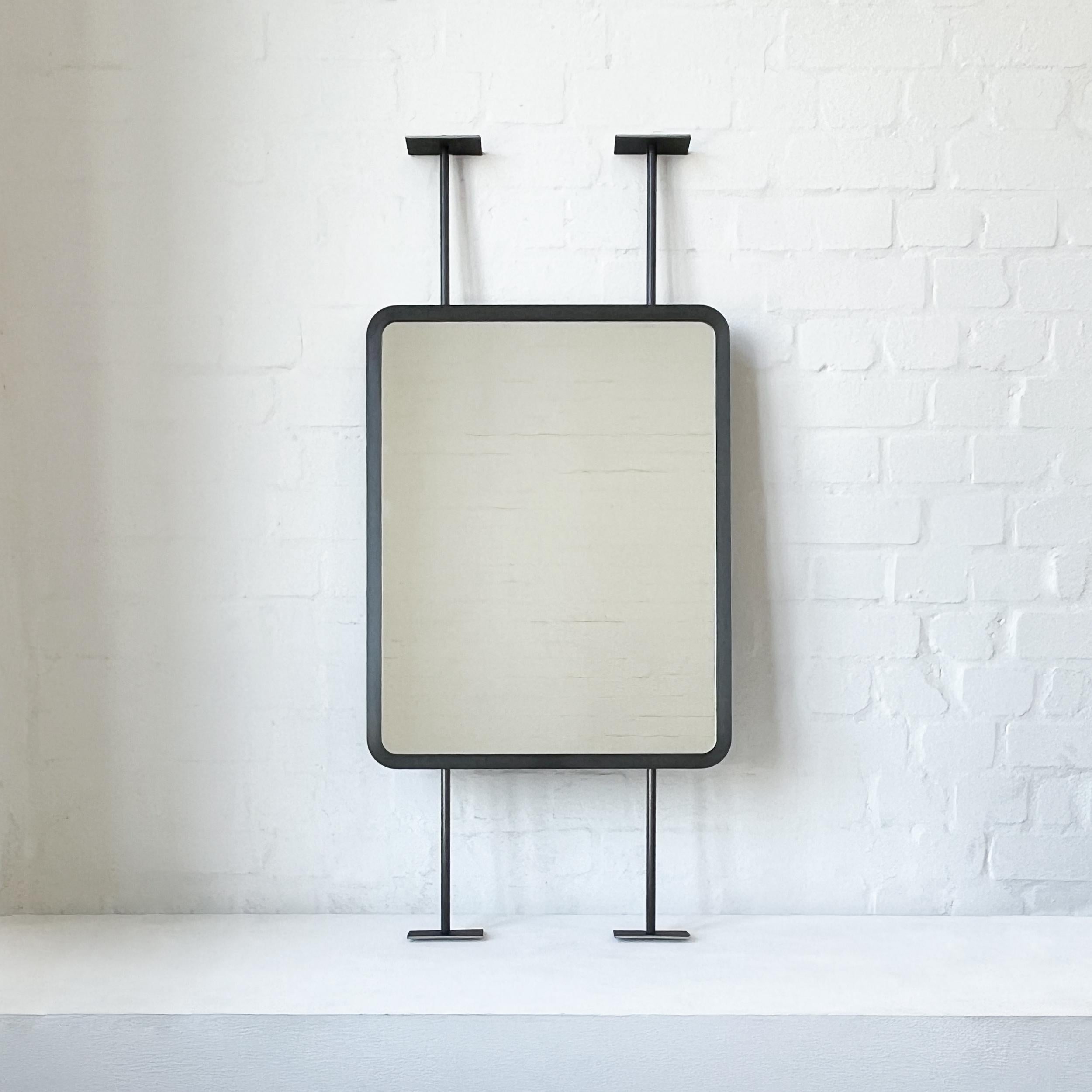 Countertop to Ceiling Rectangular Mirror with Blackened Stainless Steel Frame For Sale 1