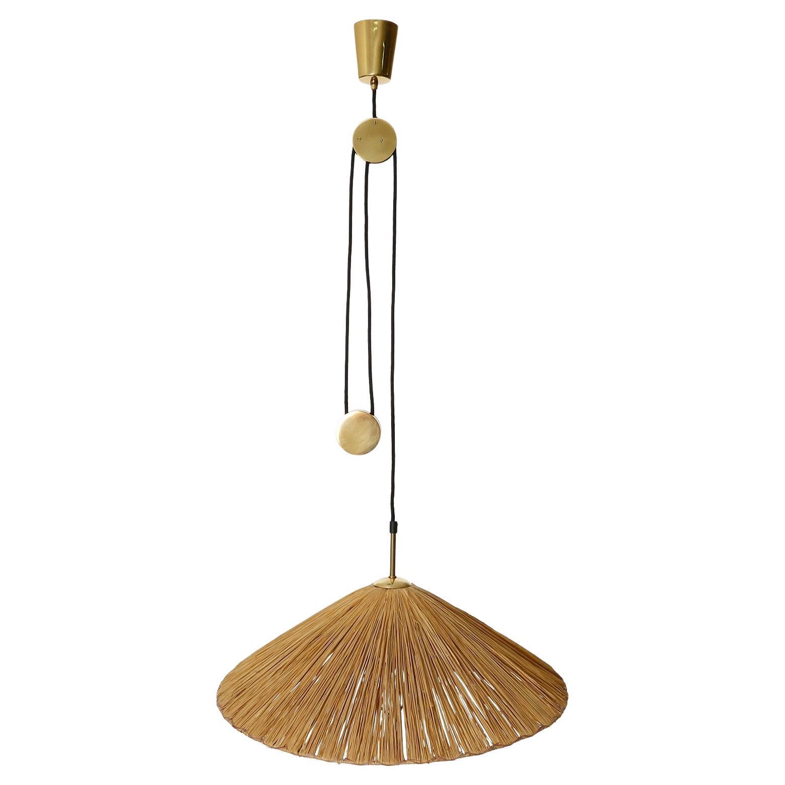 Mid-Century Modern Counterweight Pendant Light 'Jo-Jo Zug' Kalmar, Josef Frank, Brass Straw, 1950s For Sale