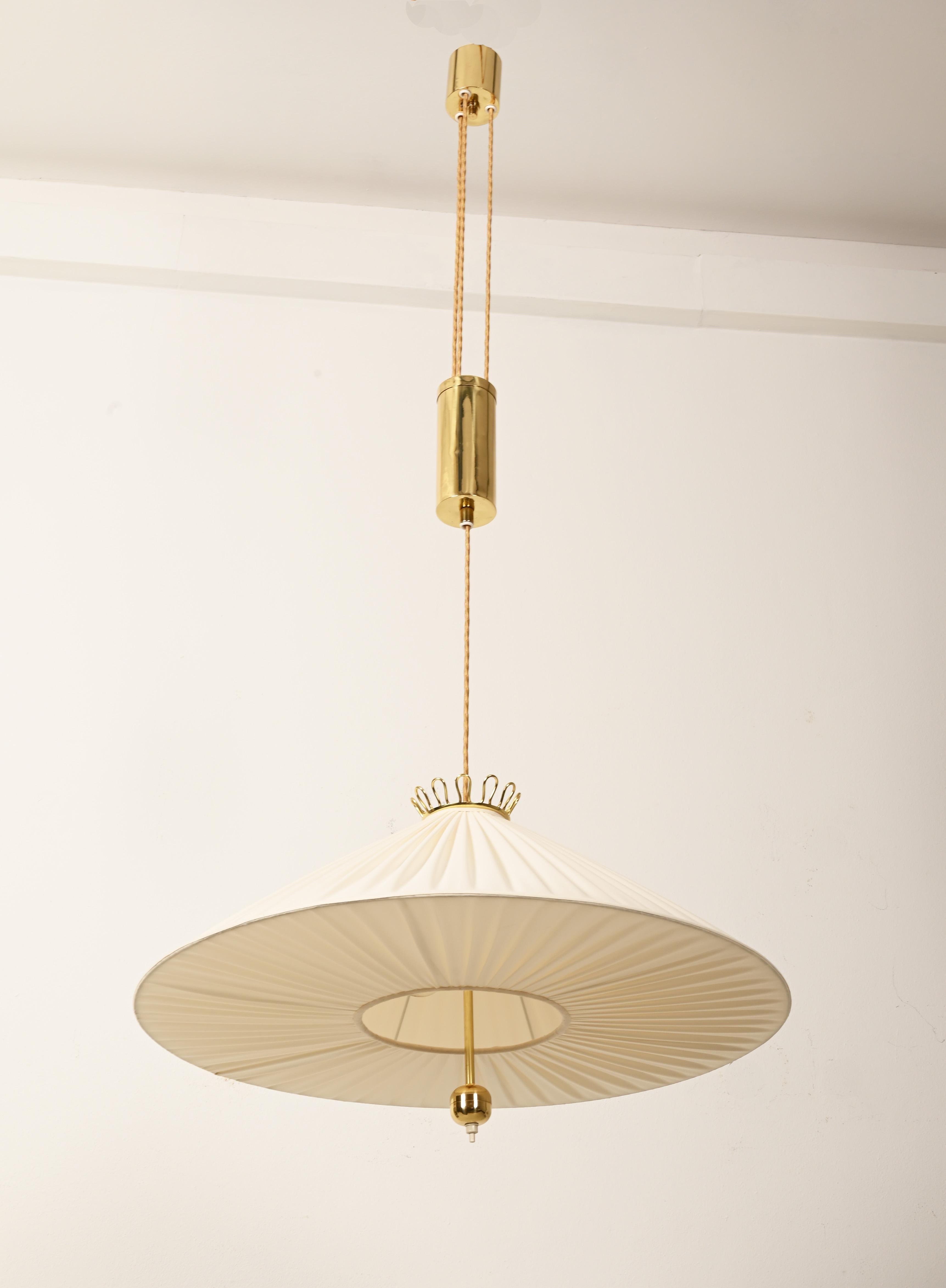 Brass Counterweight Silk Pendant Light Attributed to Josef Frank