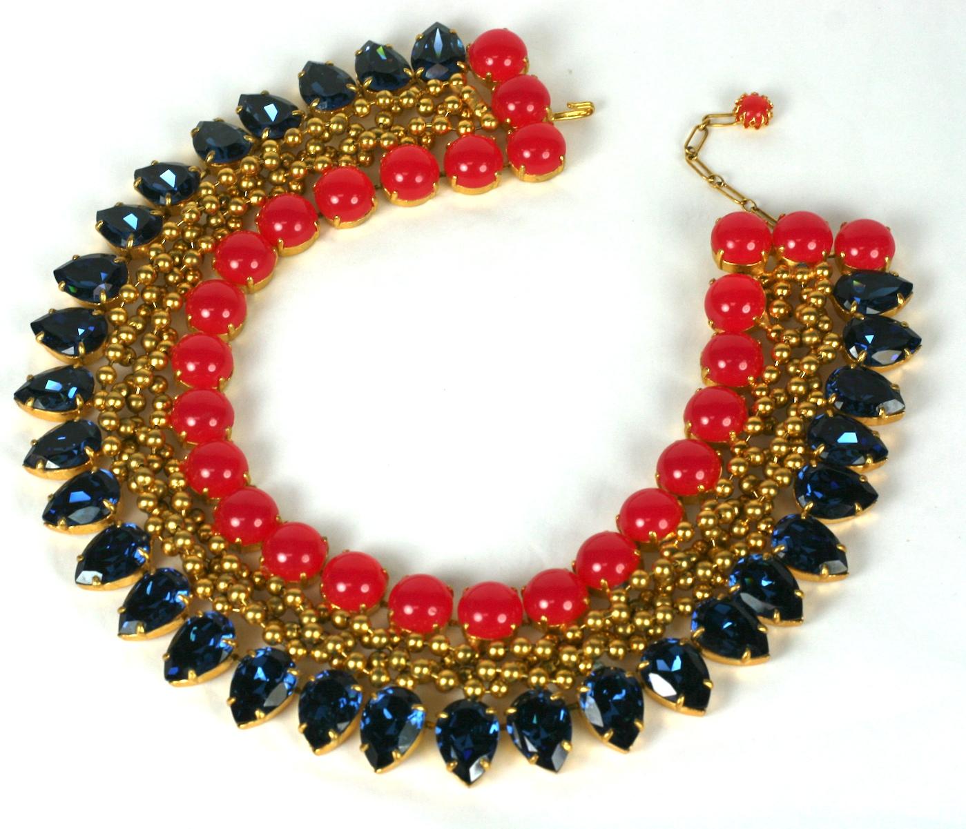 Massive Countess Cis Mughal bib necklace from France, 1950s. Composed of signature braided gilt ball chain,  deep sapphire faceted pear shape crystal stones and watermelon colored round cabochons. Many of her pieces are unsigned  This is a rare