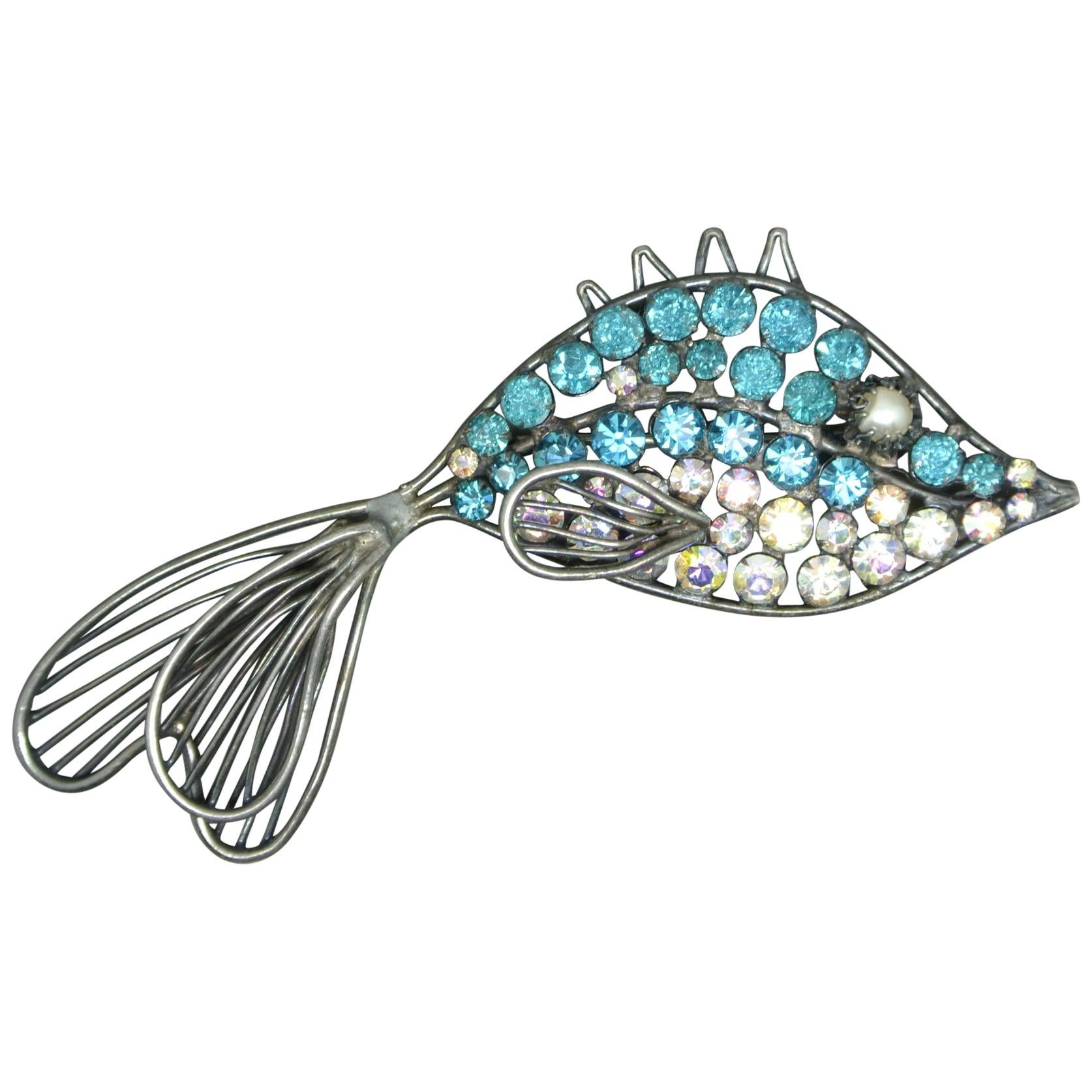 Countess Cissy Zoltowska Cis Blue AB Crystal Fish Brooch For Sale