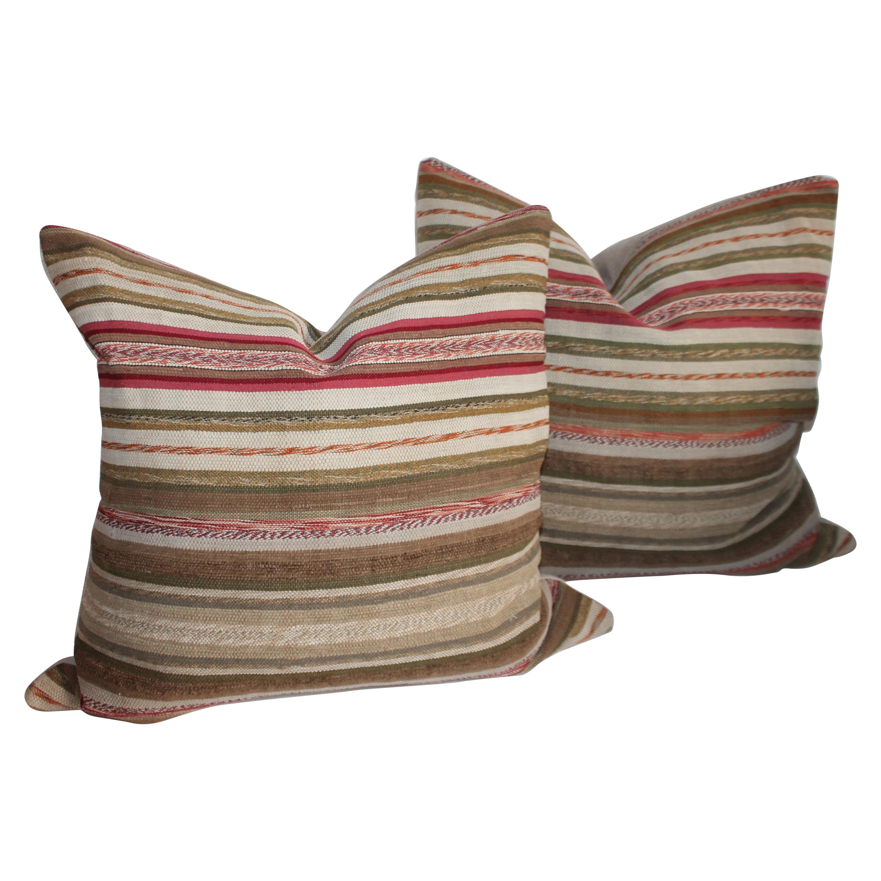 Country 19th Century Rag Rug Pillows, Pair