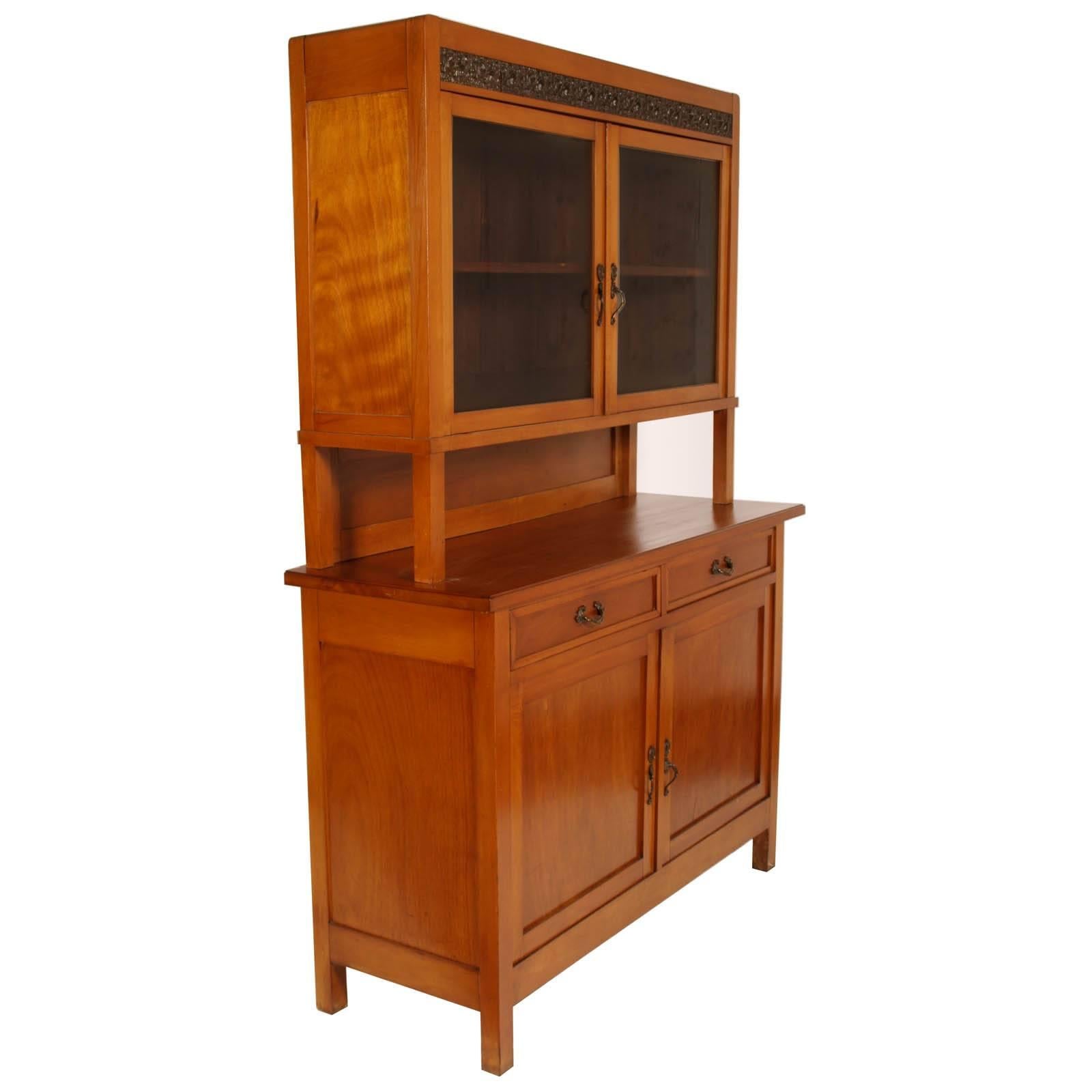 Country Art Nouveau 1900s Credenza with Display Cabinet Cherrywood Wax Polished