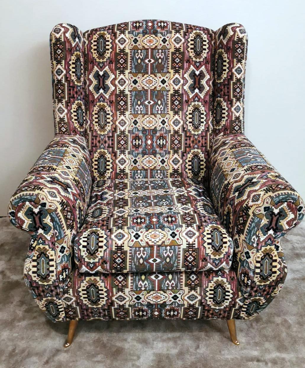 Polished Country Chic Style French Armchair with Patterned Fabric Handmade on Loom For Sale