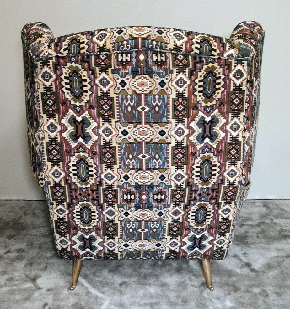 Brass Country Chic Style French Armchair with Patterned Fabric Handmade on Loom For Sale