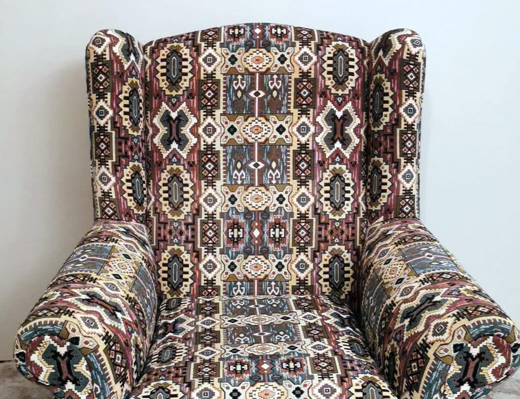 Country Chic Style French Armchair with Patterned Fabric Handmade on Loom For Sale 2