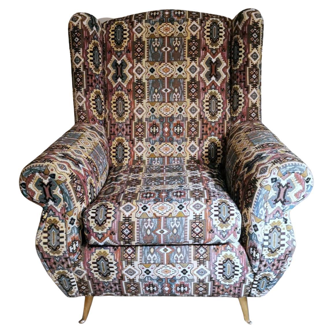 Country Chic Style French Armchair with Patterned Fabric Handmade on Loom For Sale