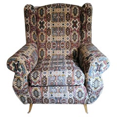 Vintage Country Chic Style French Armchair with Patterned Fabric Handmade on Loom
