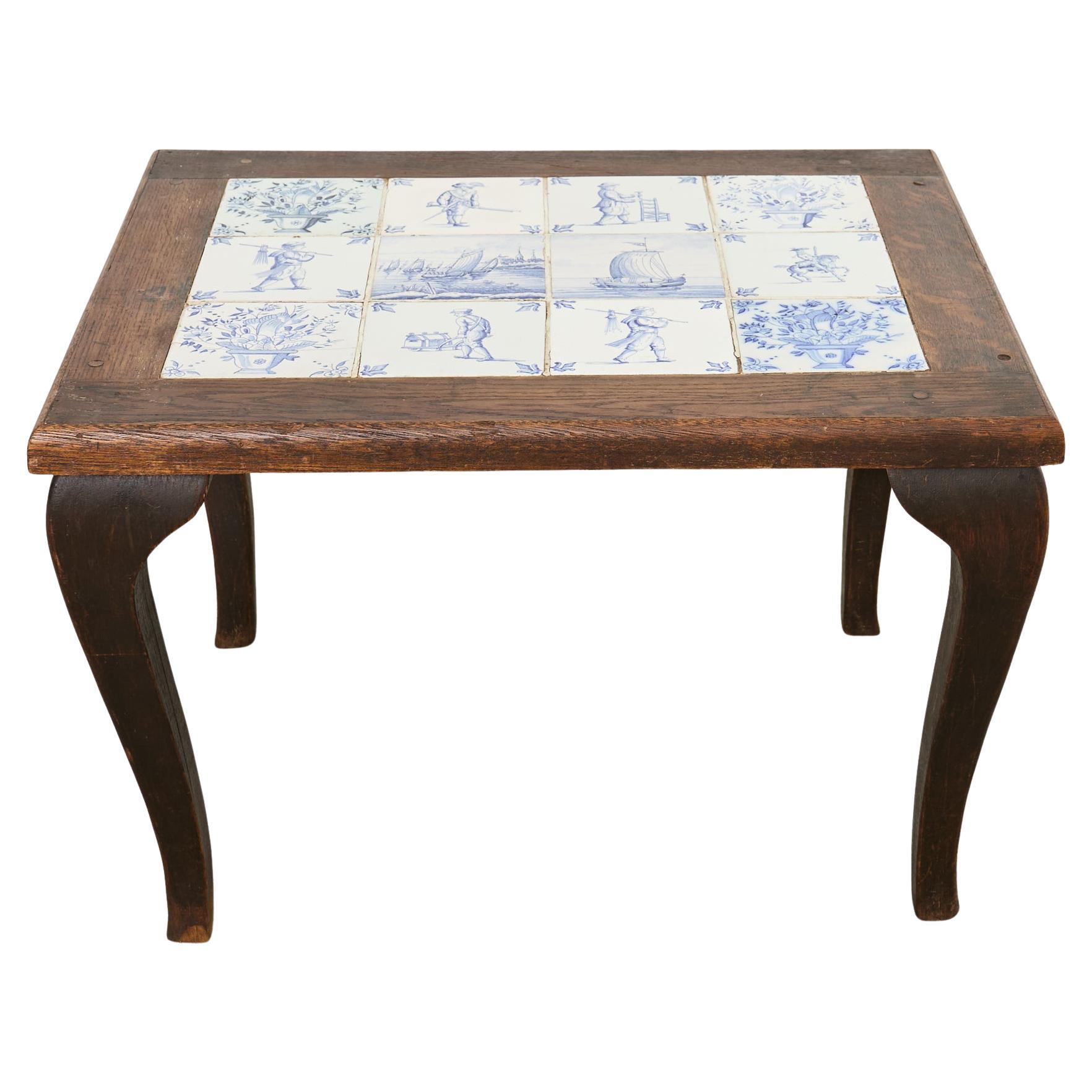 Country English Delft Blue and White Tile Top Drinks Table im Angebot
