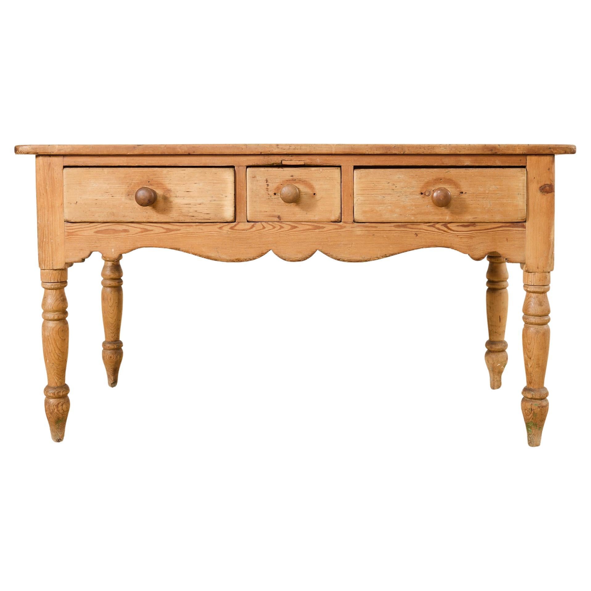 Country English Farmhouse Pine Three Drawer Console Table