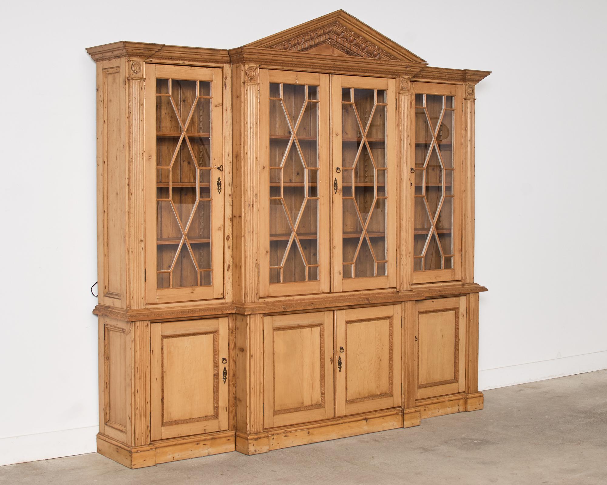 Country English Georgian Style Breakfront Pine Library Bookcase In Distressed Condition For Sale In Rio Vista, CA