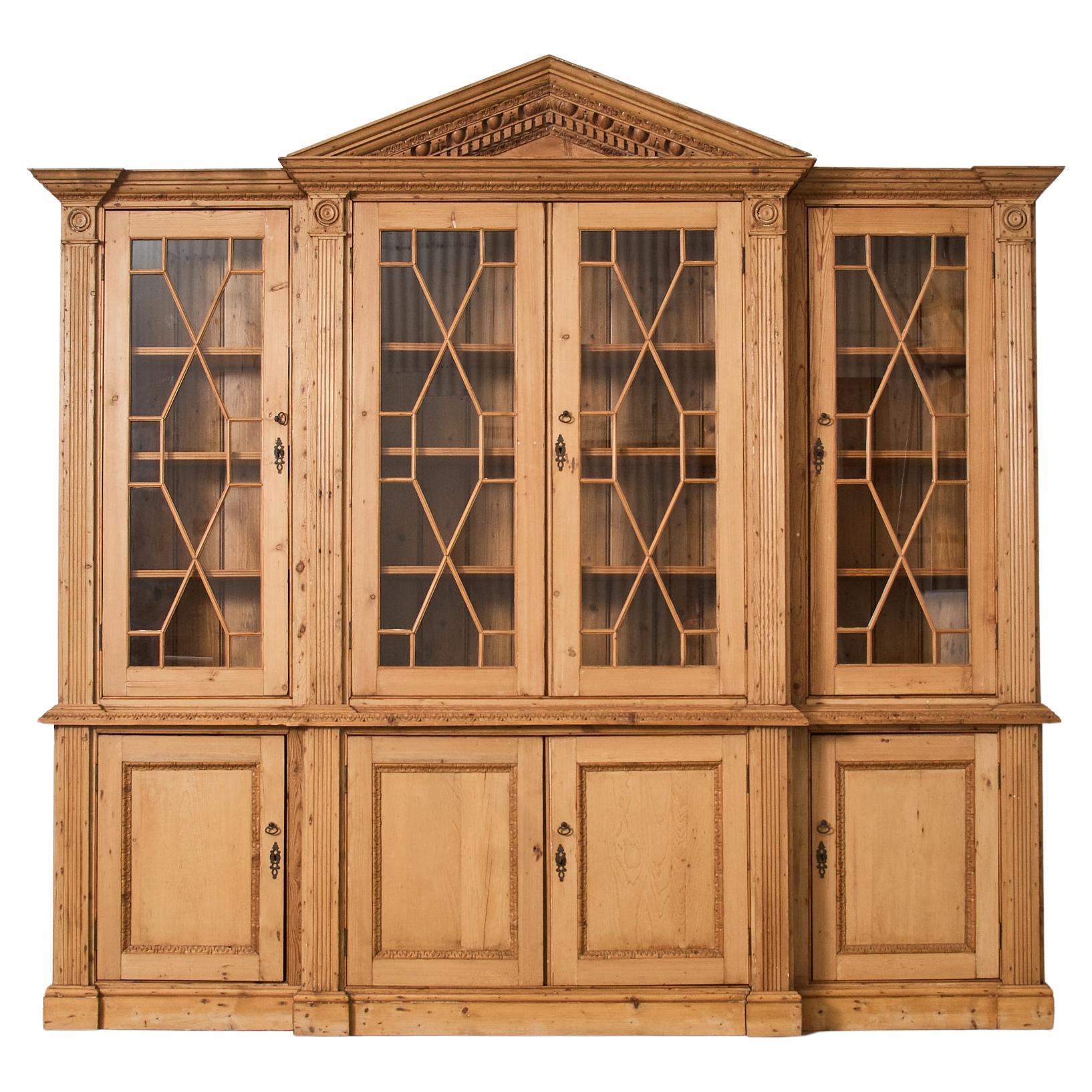 Country English Georgian Style Breakfront Pine Library Bookcase For Sale