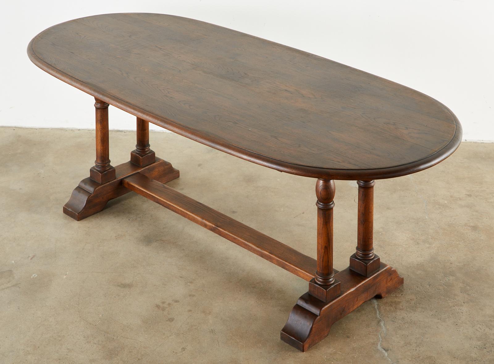 Country English Oak Oval Trestle Dining Table In Good Condition In Rio Vista, CA