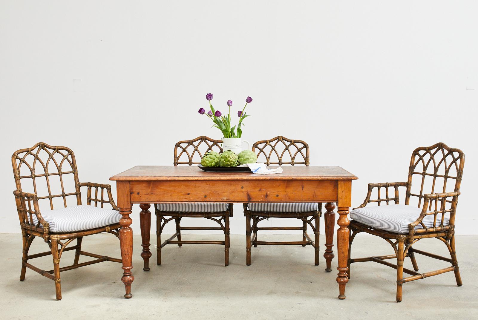 Charming country English farmhouse dining table or writing table crafted from pine. Late 19th-century farm table has a storage drawer on one end with a round wood pull. The rectangular top has a molded edge and a beautifully worn and weathered top.