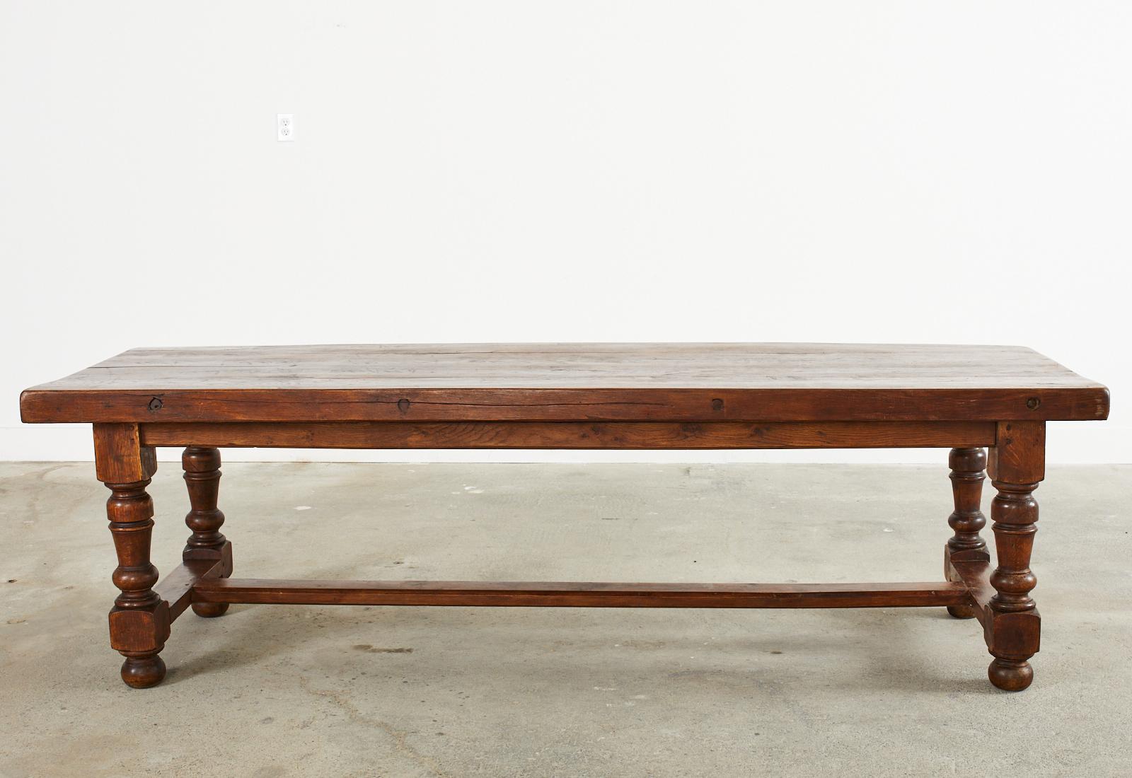 Country English Provincial Oak Farmhouse Trestle Dining Table In Good Condition In Rio Vista, CA