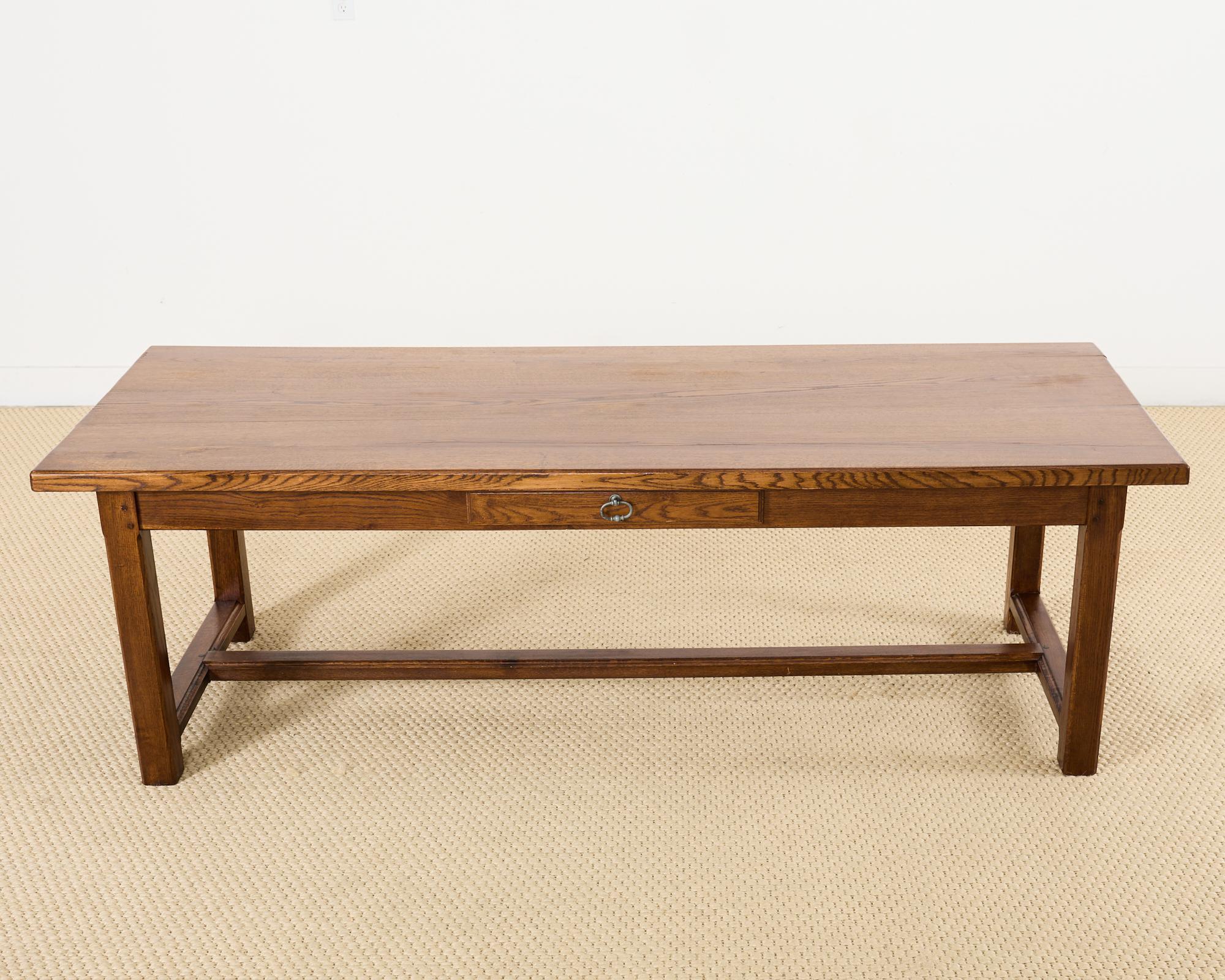 Country English Provincial Oak Farmhouse Trestle Dining Table In Good Condition In Rio Vista, CA