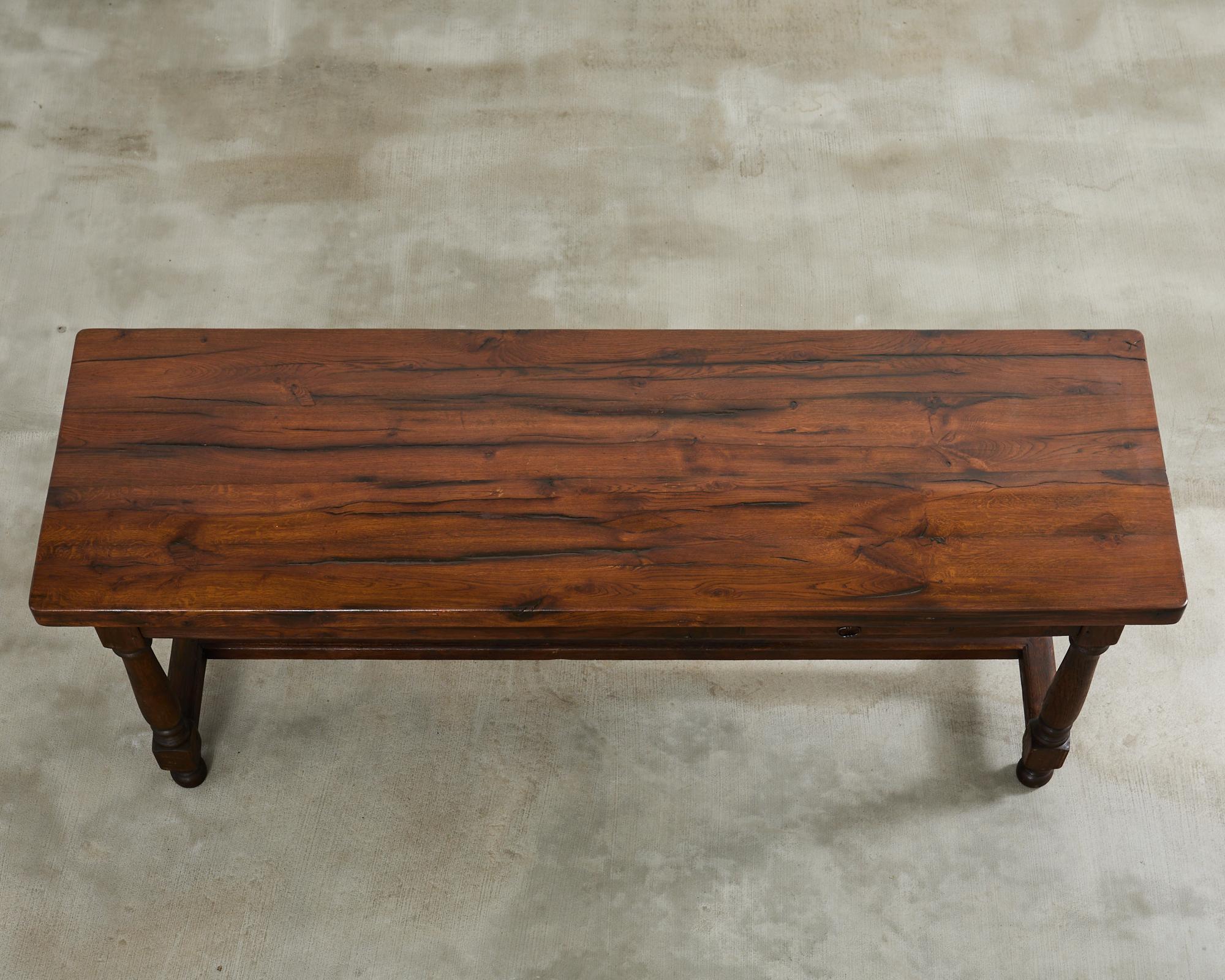 Country English Provincial Oak Farmhouse Trestle Dining Table In Good Condition For Sale In Rio Vista, CA