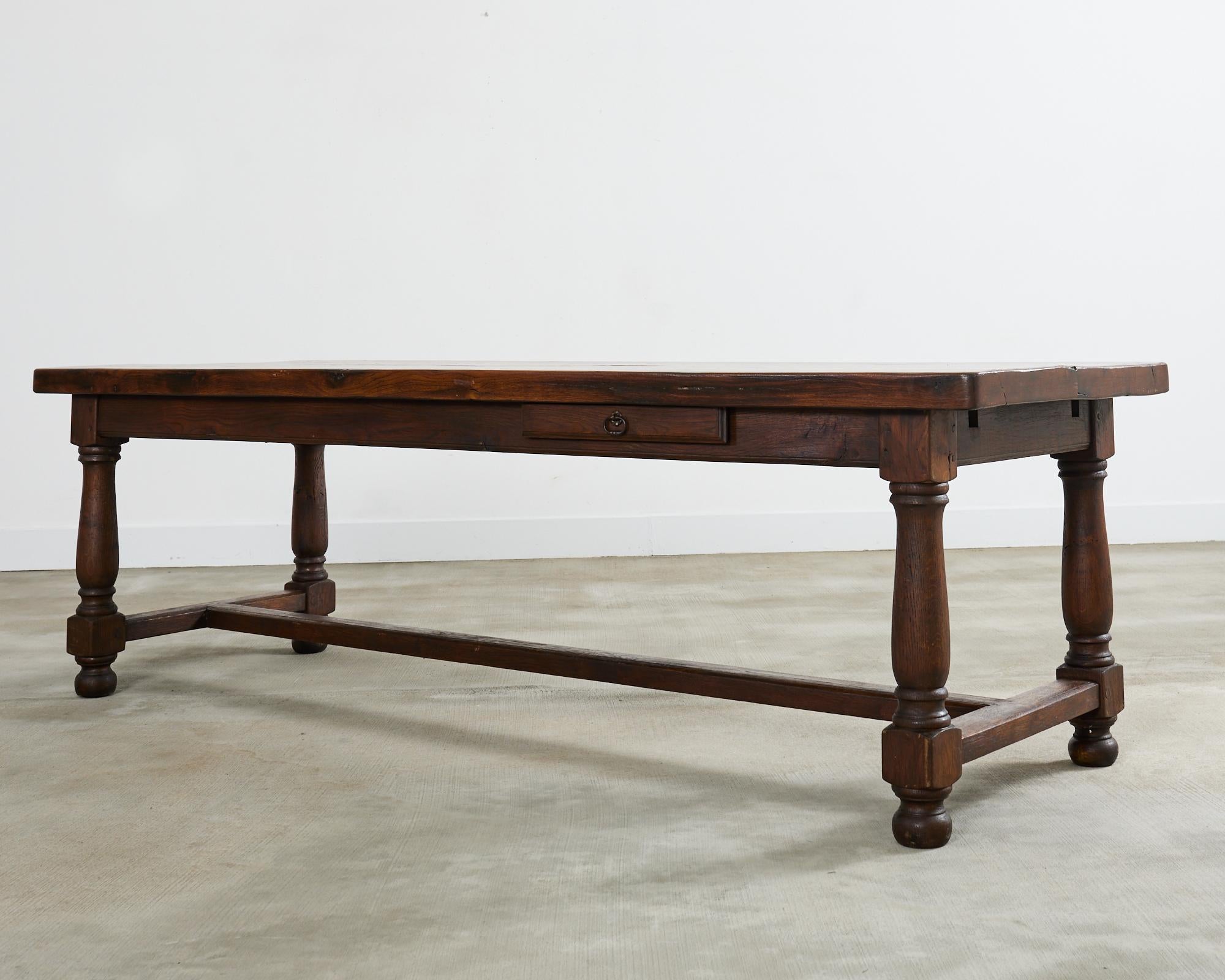 20th Century Country English Provincial Oak Farmhouse Trestle Dining Table For Sale