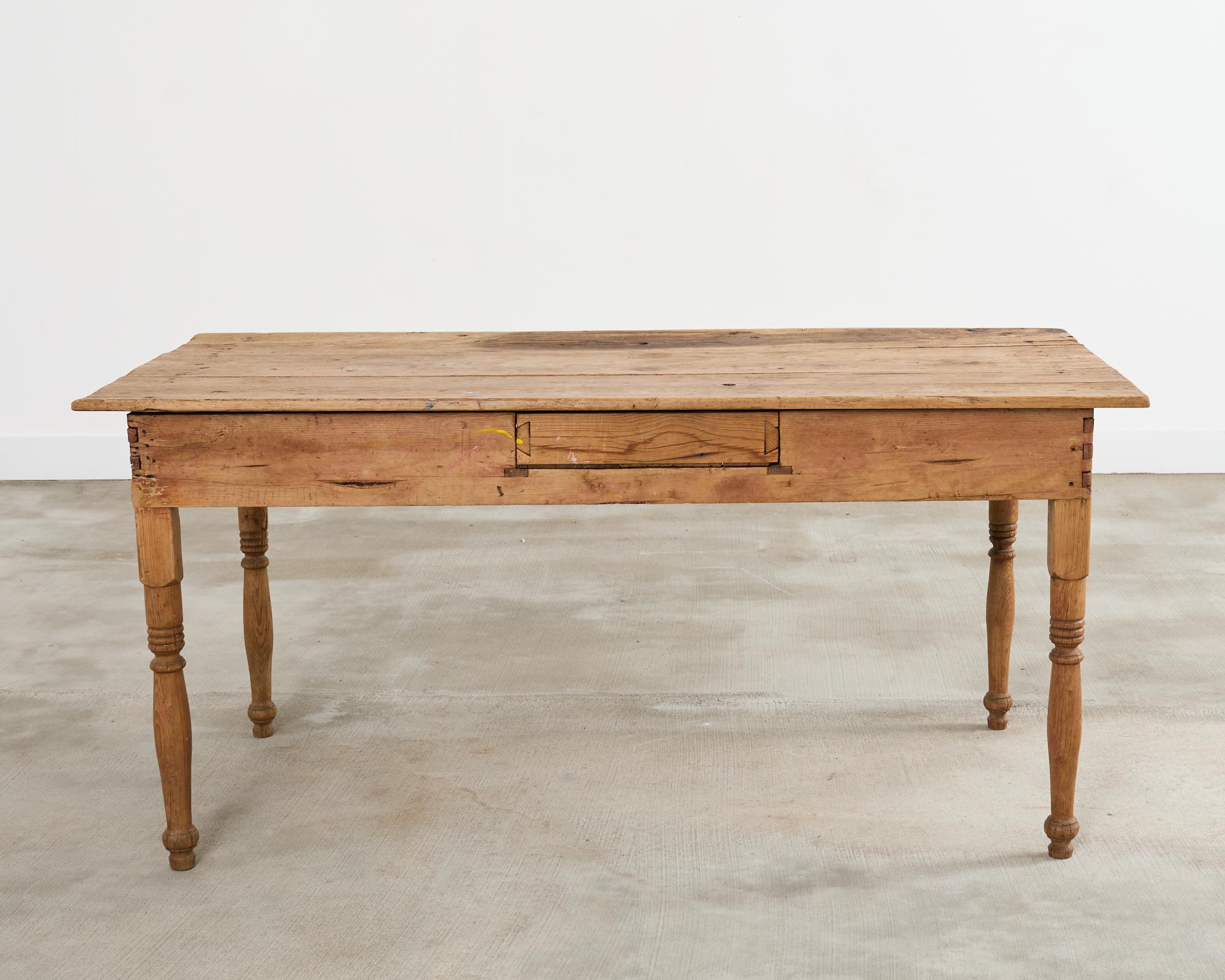 20th Century Country English Provincial Oak Pine Farmhouse Dining Table For Sale