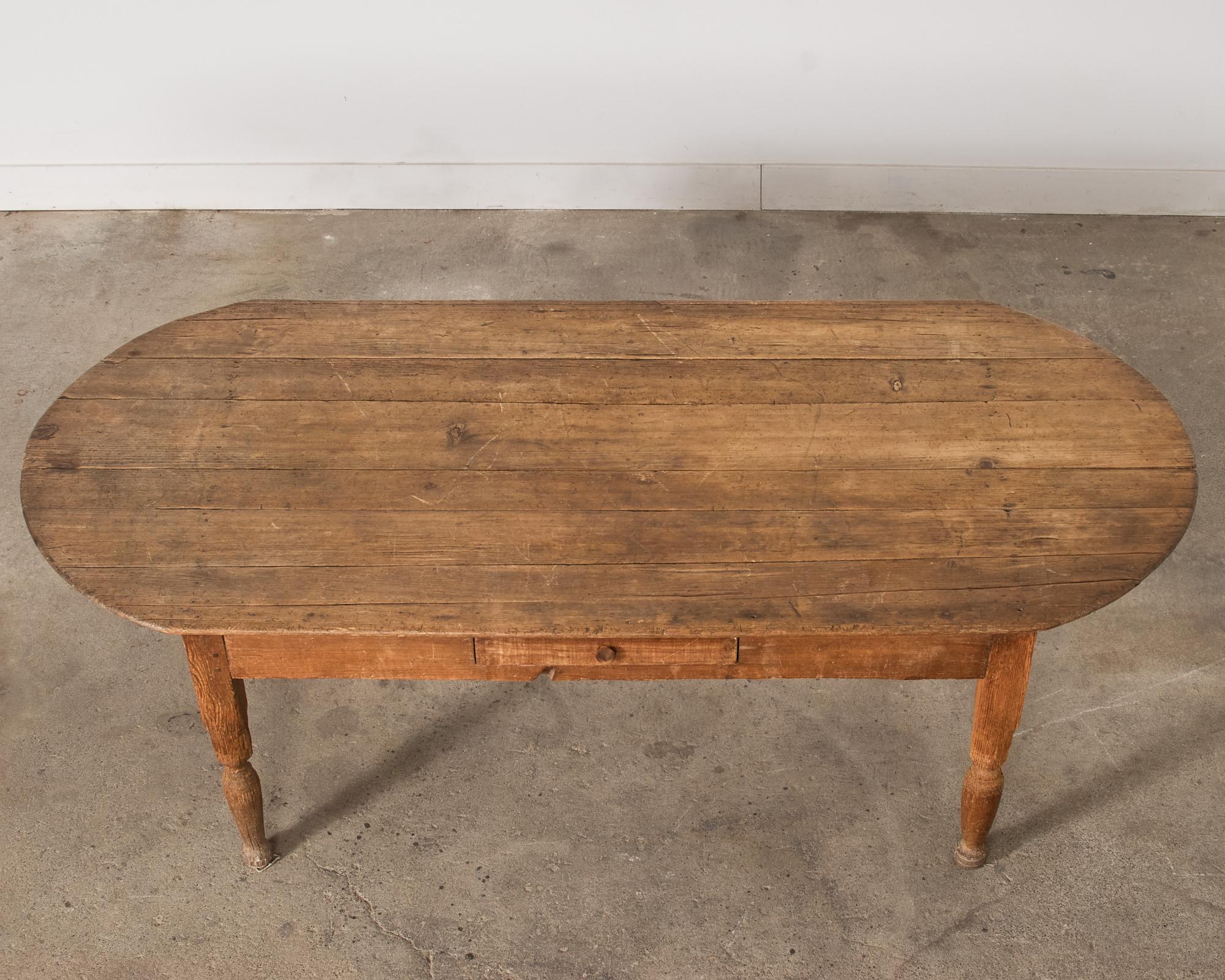 Country English Provincial Oval Pine Farmhouse Dining Table  In Distressed Condition For Sale In Rio Vista, CA