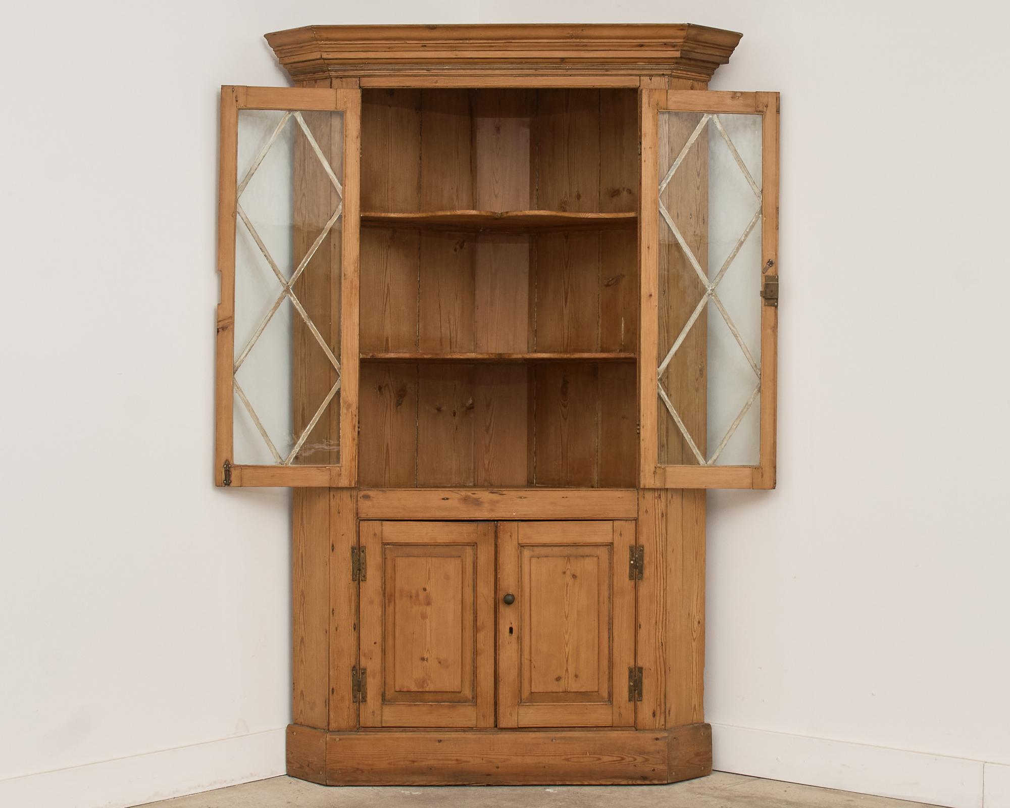 Country English Provincial Pine Glazed Corner Cabinet Bookcase In Distressed Condition For Sale In Rio Vista, CA