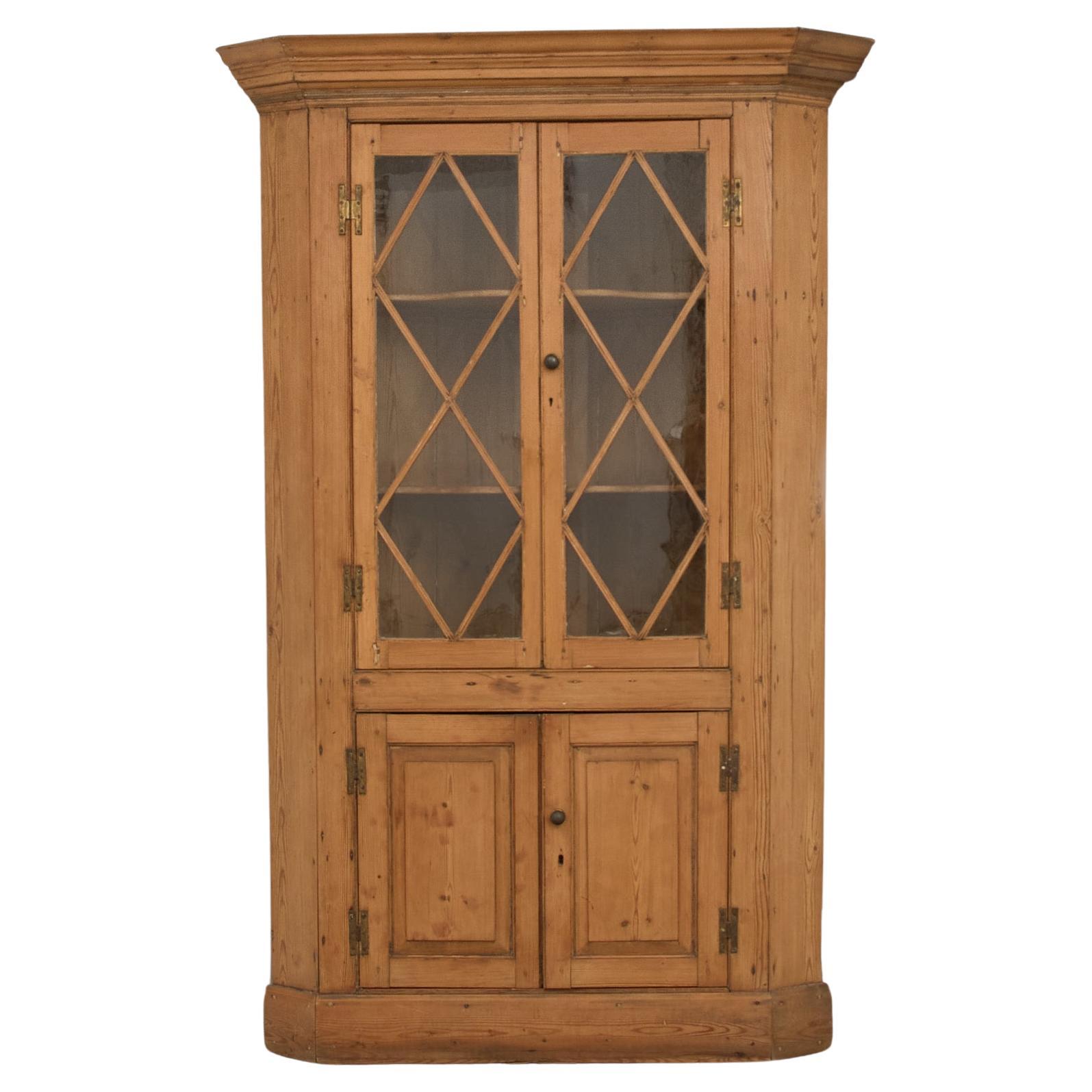 Country English Provincial Pine Glazed Corner Cabinet Bookcase For Sale