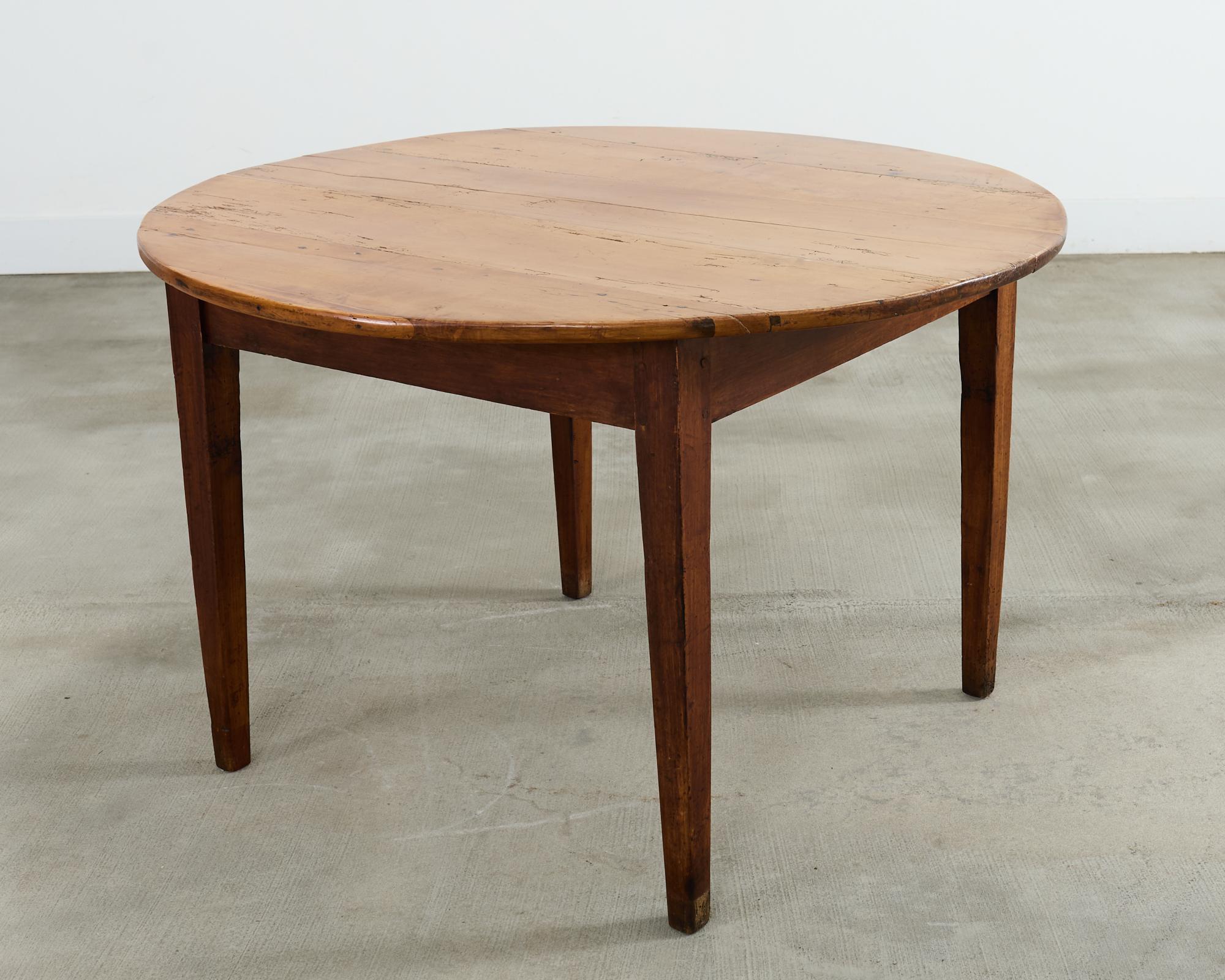 Country English Provincial Round Fruitwood Farmhouse Dining Table In Distressed Condition For Sale In Rio Vista, CA