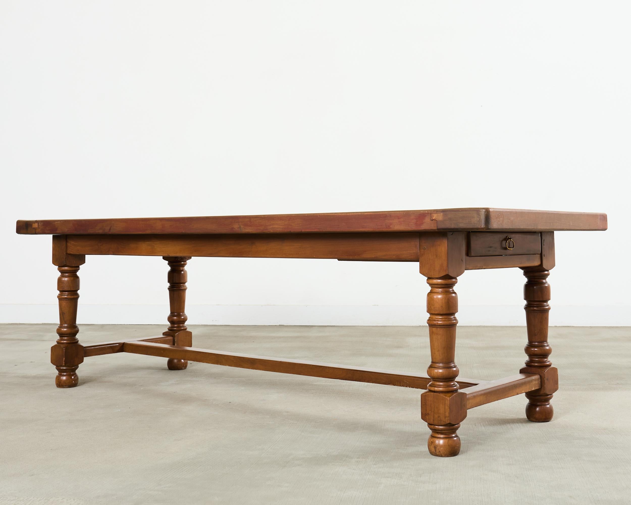 Hand-Crafted Country English Provincial Walnut Farmhouse Trestle Dining Table 8 Ft. For Sale