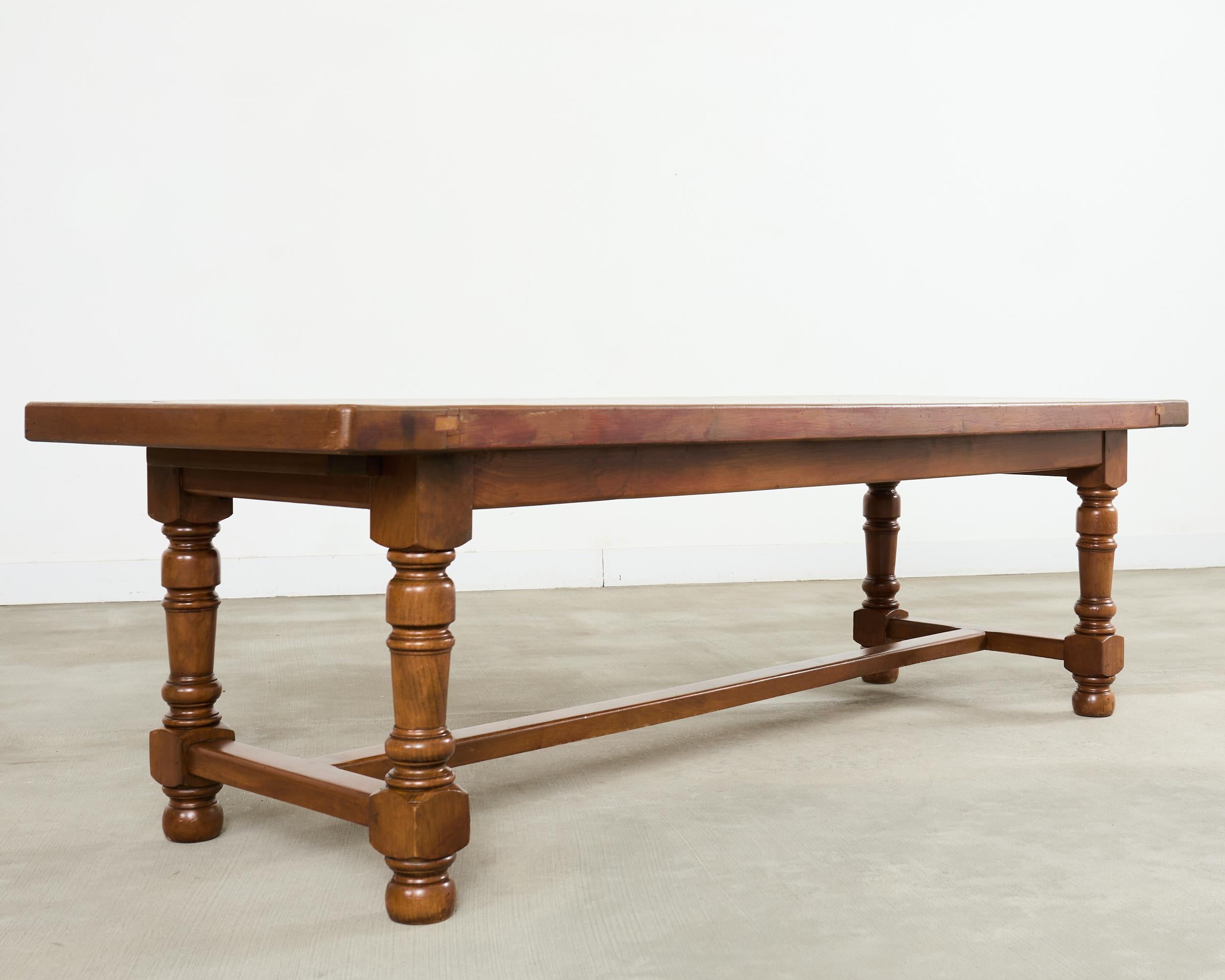 20th Century Country English Provincial Walnut Farmhouse Trestle Dining Table 8 Ft. For Sale