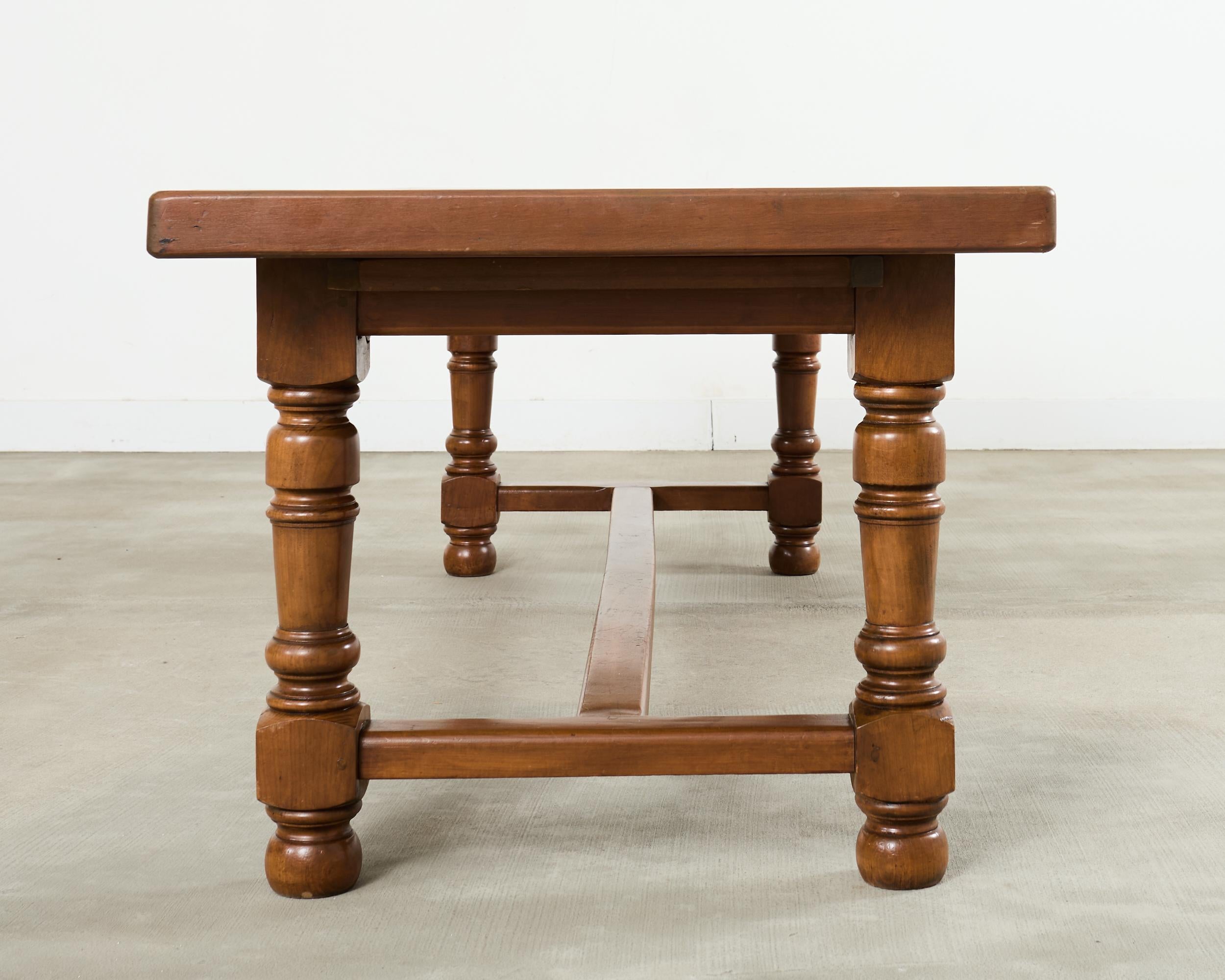 Brass Country English Provincial Walnut Farmhouse Trestle Dining Table 8 Ft. For Sale