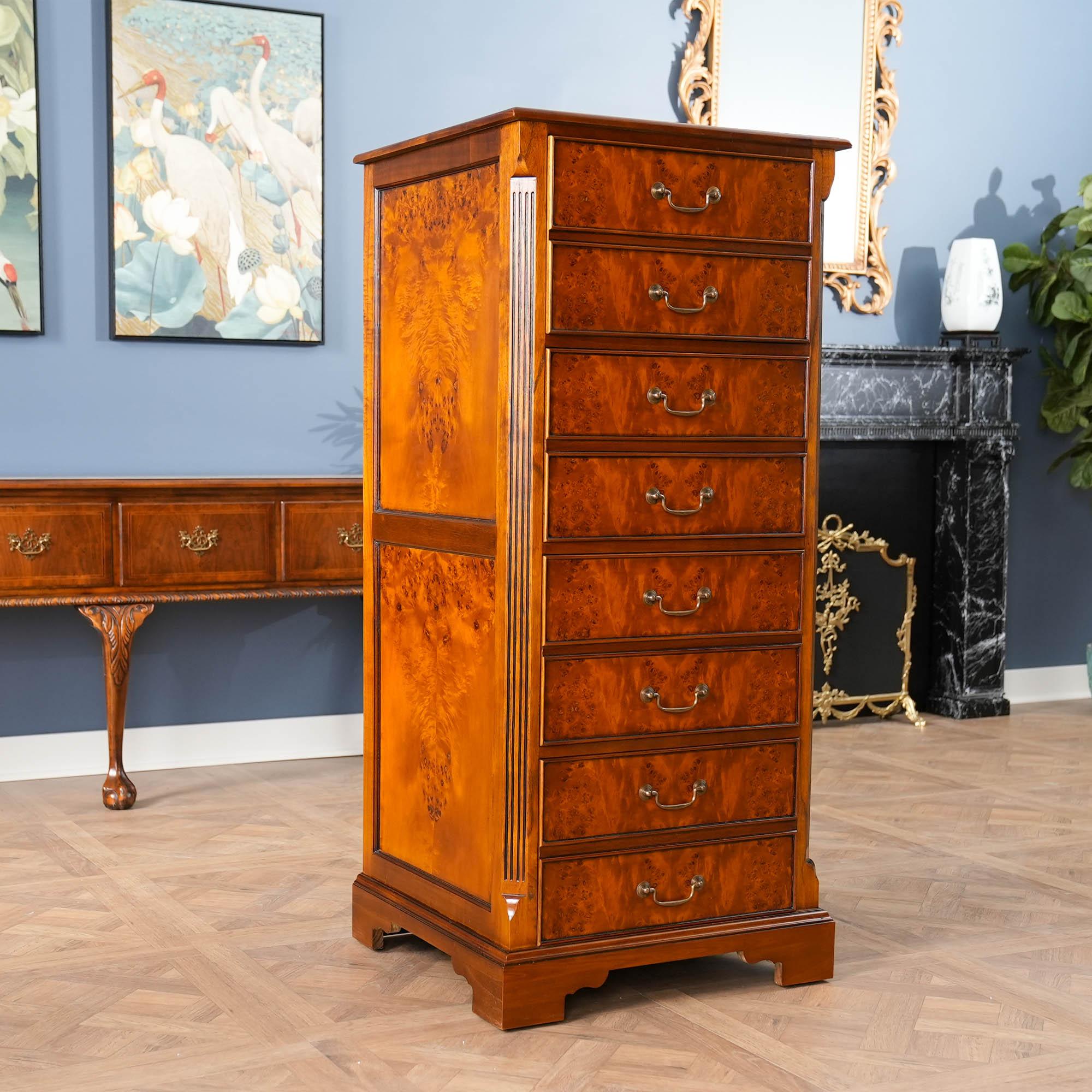 A superb piece of craftsmanship this high quality Country Estate Four Drawer File from Niagara Furniture is made with figured burled wood. The edge of the top is a lovely shaped solid wooden molding. In the front are eight faux drawers, each having