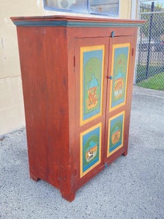 Country Farmhouse Red & Blue Forest Carved Wardrobe TV Entertainment Cabinet