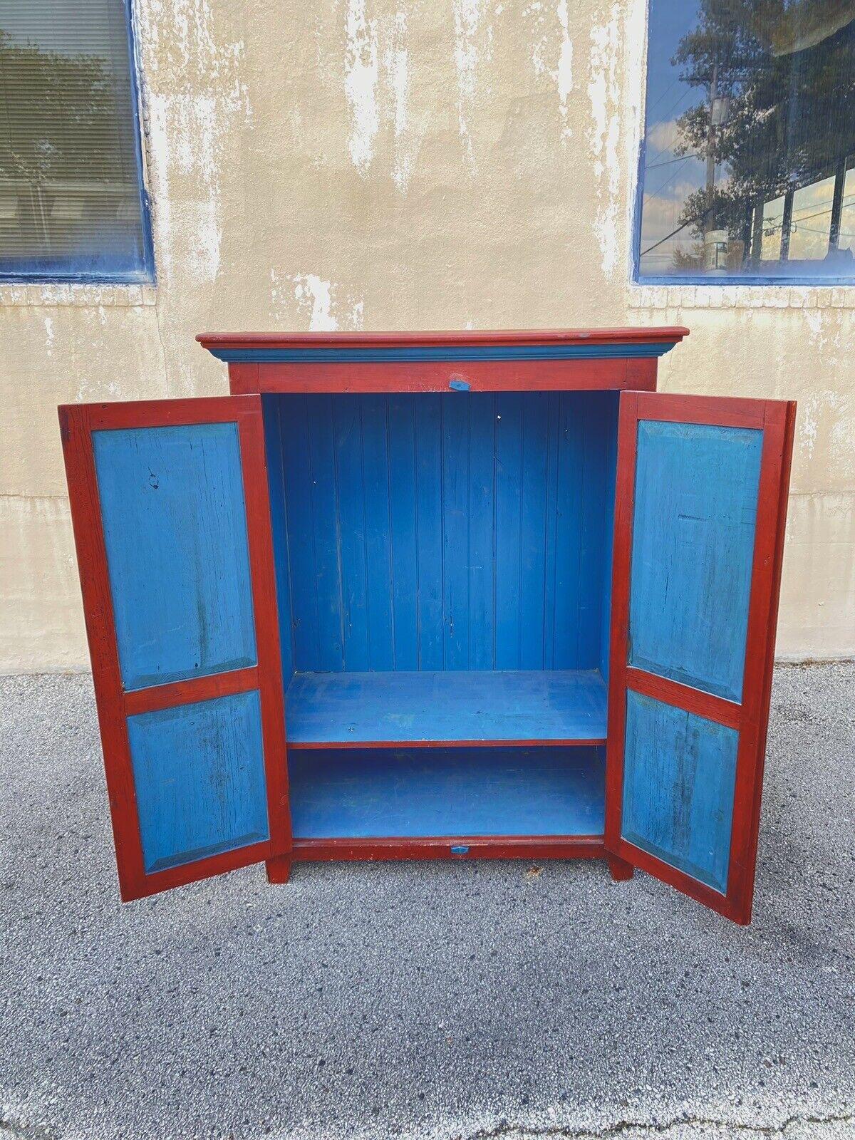 Wood Country Farmhouse Red & Blue Forest Carved Wardrobe TV Entertainment Cabinet For Sale