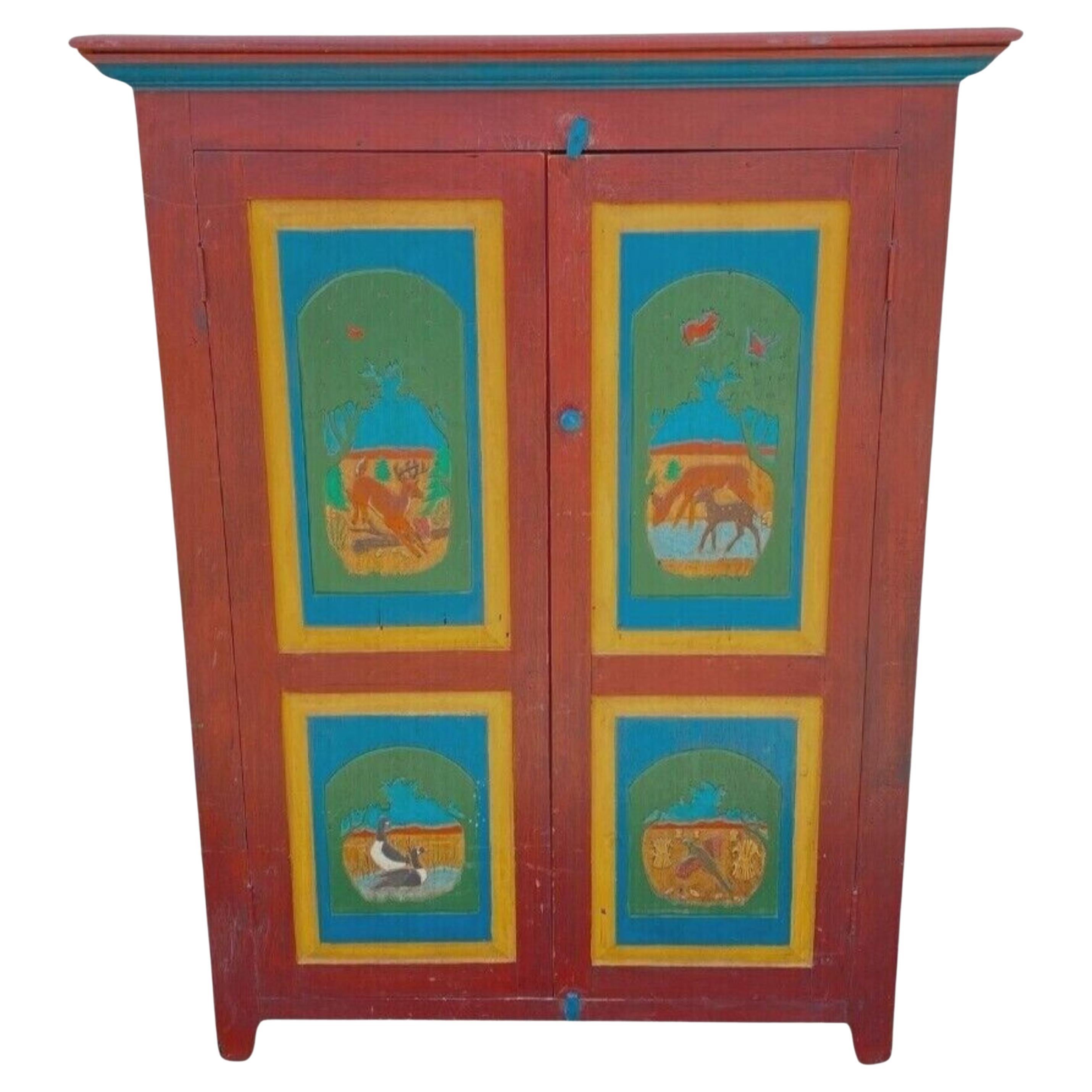 Country Farmhouse Red & Blue Forest Carved Wardrobe TV Entertainment Cabinet For Sale