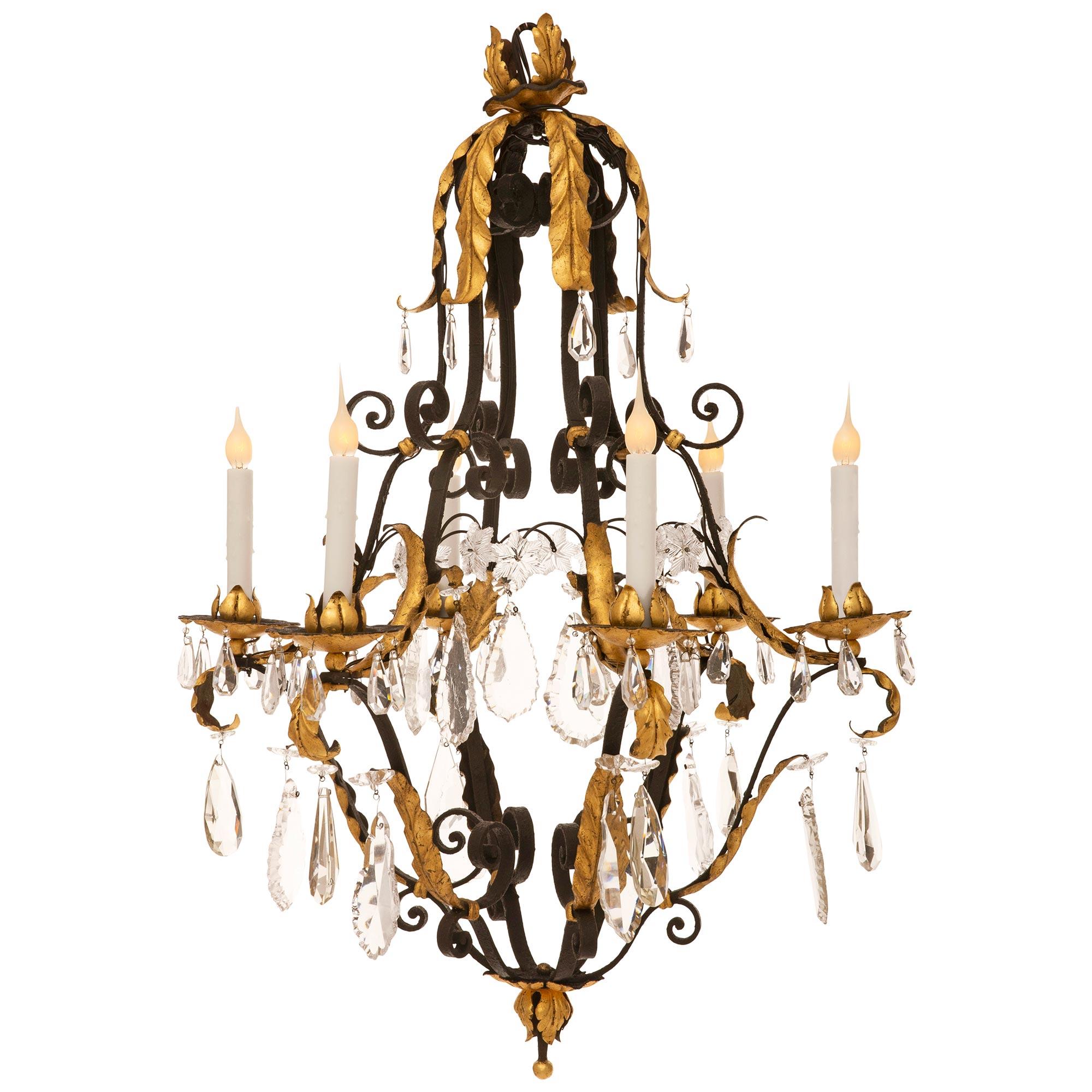 Gilt Country French 19th Century Louis XV St. Crystal and Wrought Iron Chandelier For Sale
